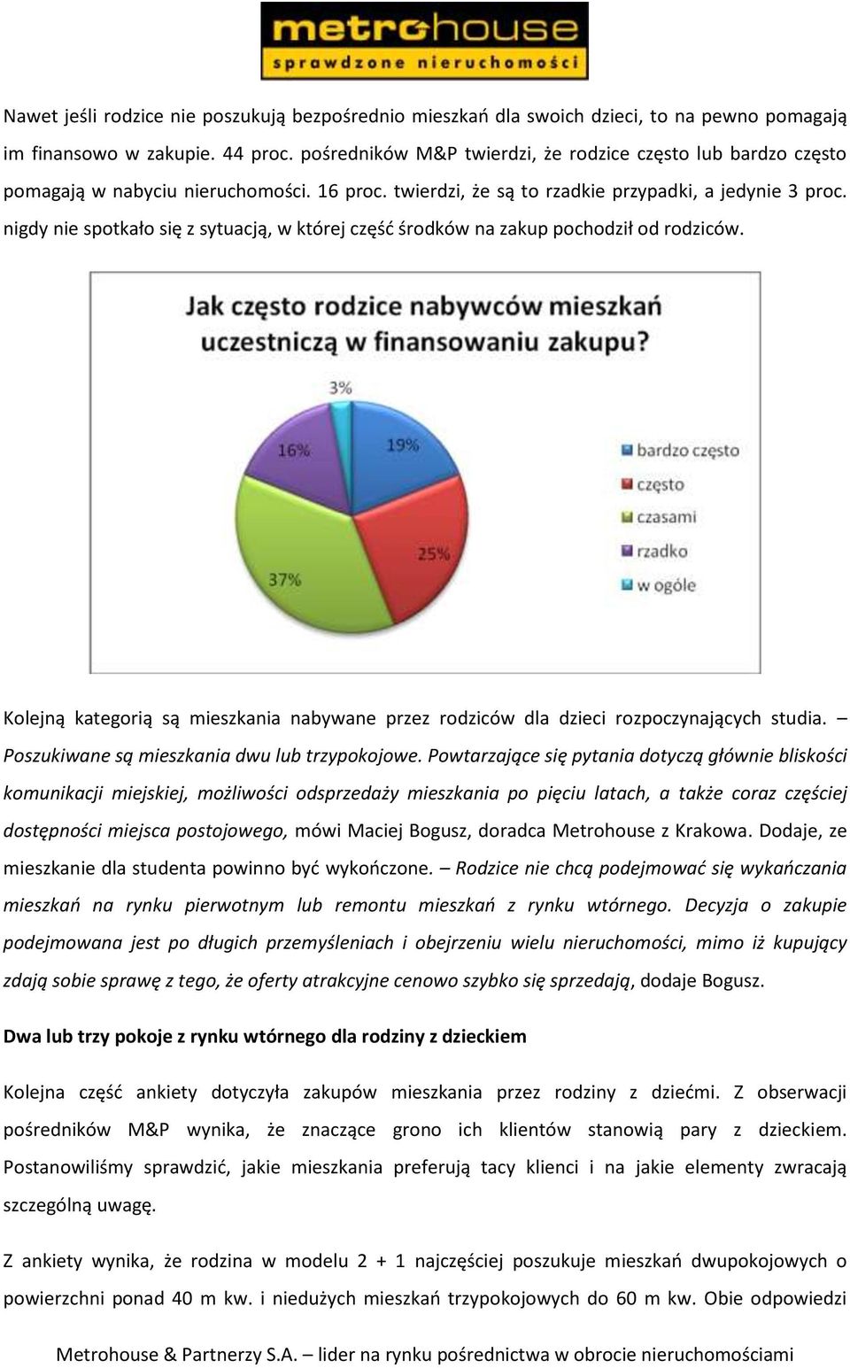 nigdy nie spotkało się z sytuacją, w której częśd środków na zakup pochodził od rodziców. Kolejną kategorią są mieszkania nabywane przez rodziców dla dzieci rozpoczynających studia.