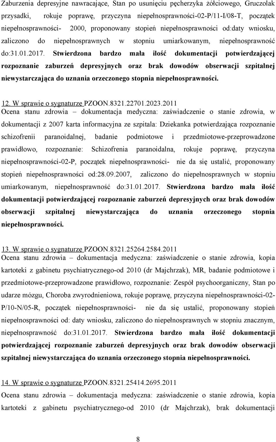 Stwierdzona bardzo mała ilość dokumentacji potwierdzającej rozpoznanie zaburzeń depresyjnych oraz brak dowodów obserwacji szpitalnej niewystarczająca do uznania orzeczonego stopnia niepełnosprawności.