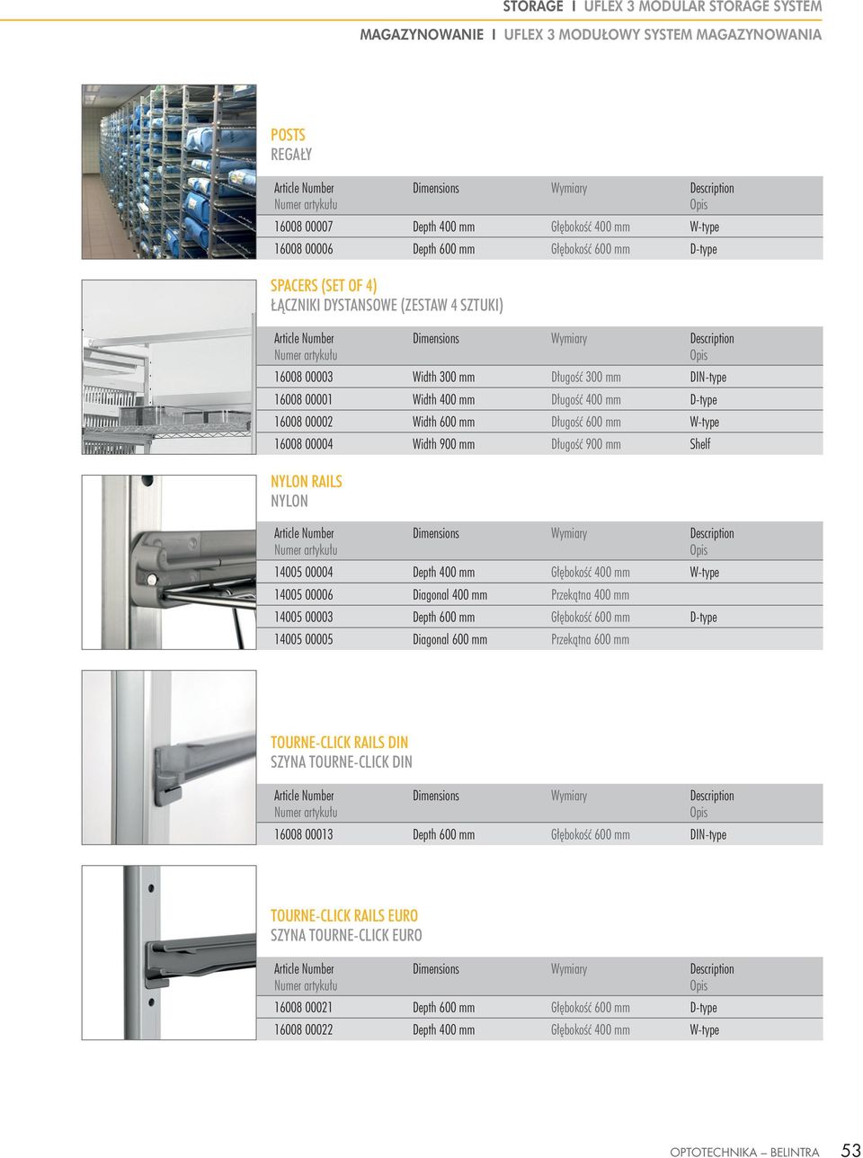 NYLON RAILS NYLON Dimensions Wymiary 14005 00004 Depth 400 mm Głębokość 400 mm W-type 14005 00006 Diagonal 400 mm Przekątna 400 mm 14005 00003 Depth 600 mm Głębokość 600 mm D-type 14005 00005