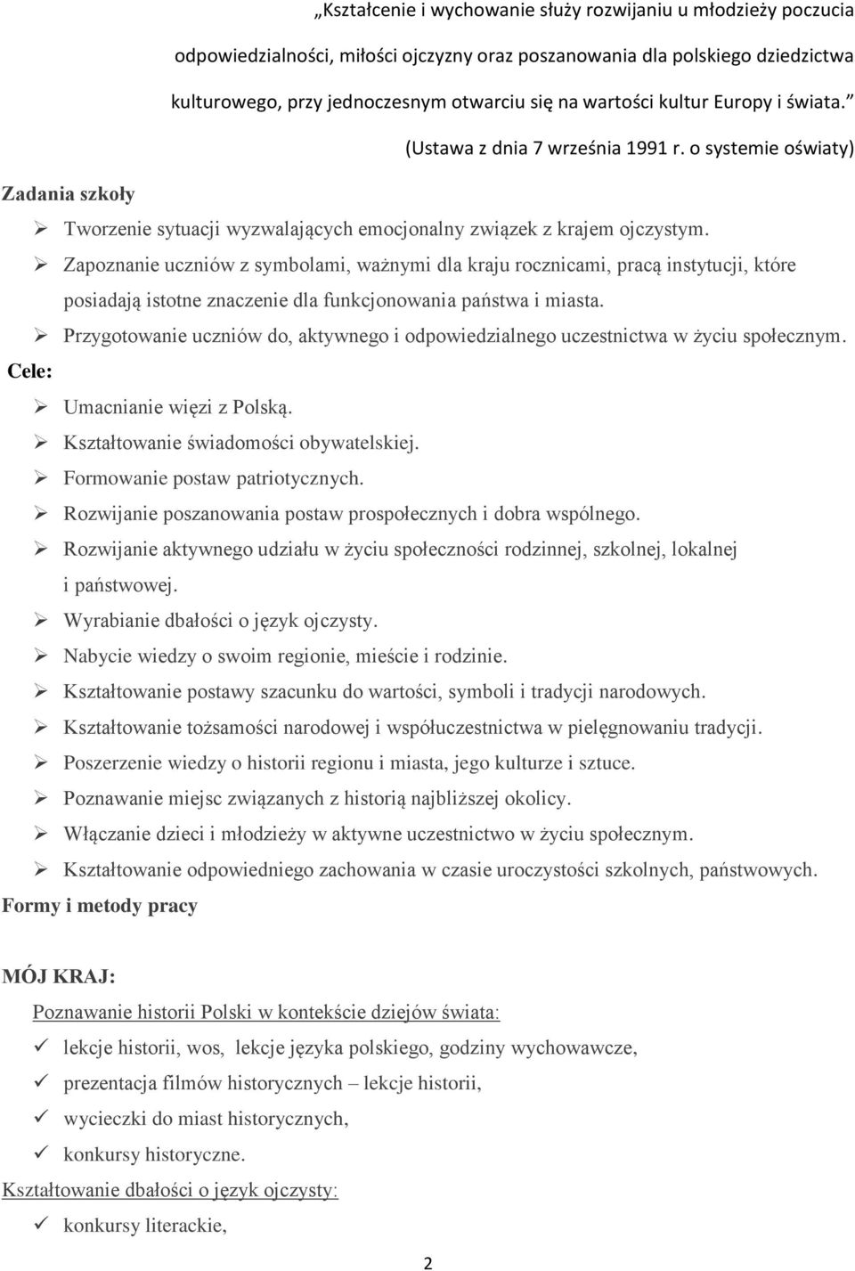 Zapoznanie uczniów z symbolami, ważnymi dla kraju rocznicami, pracą instytucji, które posiadają istotne znaczenie dla funkcjonowania państwa i miasta.