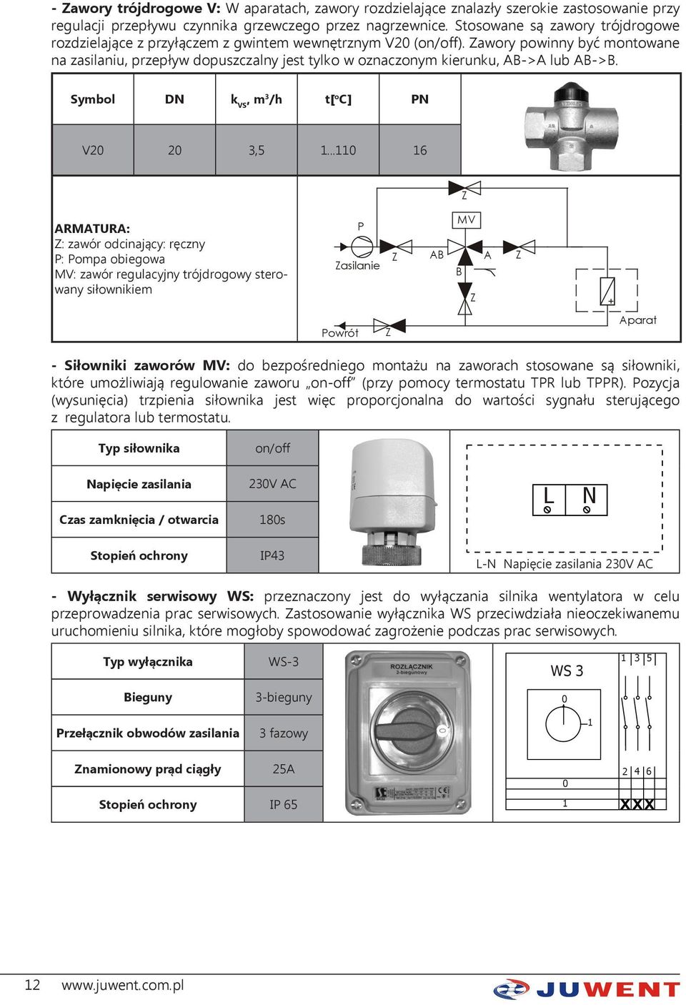 Zawory powinny być montowane na zasilaniu, przepływ dopuszczalny jest tylko w oznaczonym kierunku, AB->A lub AB->B. Symbol DN k VS, m 3 /h t[ o C] PN V20 20 3,5 1.