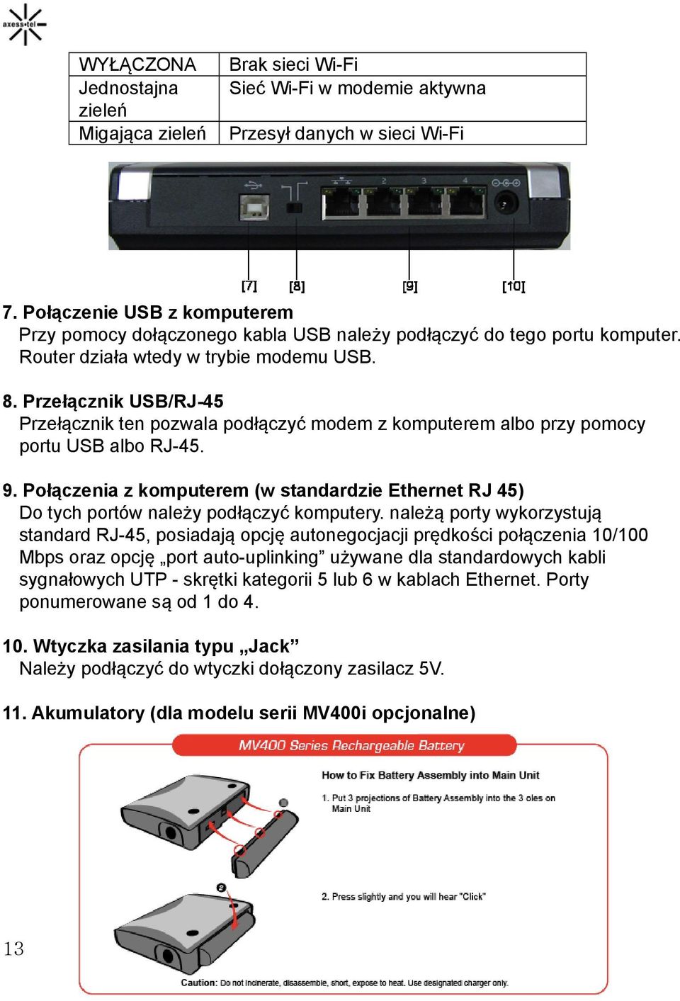 Przełącznik USB/RJ-45 Przełącznik ten pozwala podłączyć modem z komputerem albo przy pomocy portu USB albo RJ-45. 9.