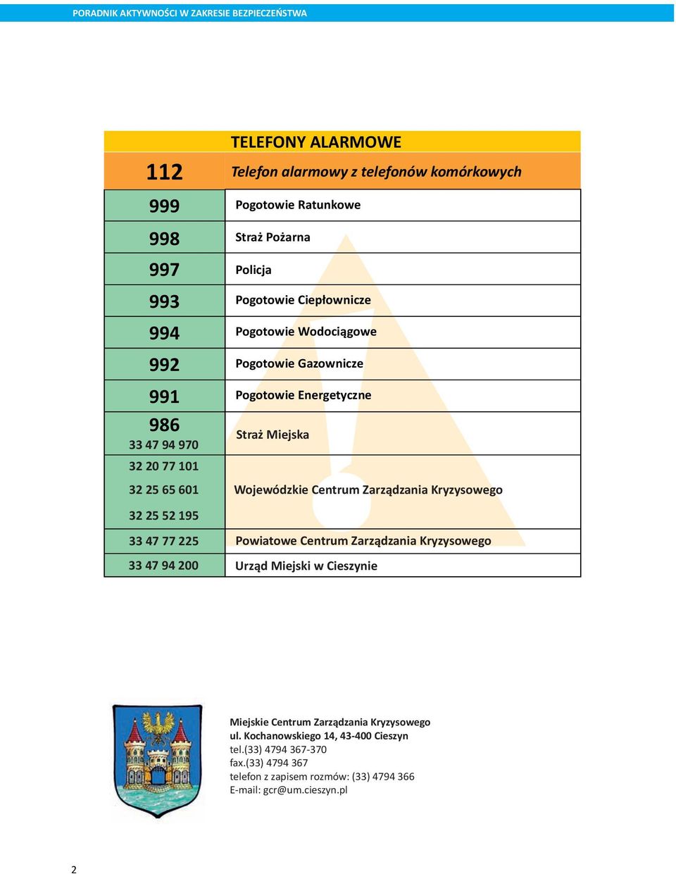 Pogotowie Energetyczne Straż Miejska Wojewódzkie Centrum Zarządzania Kryzysowego Powiatowe Centrum Zarządzania Kryzysowego 33 47 94 200 Urząd Miejski w Cieszynie