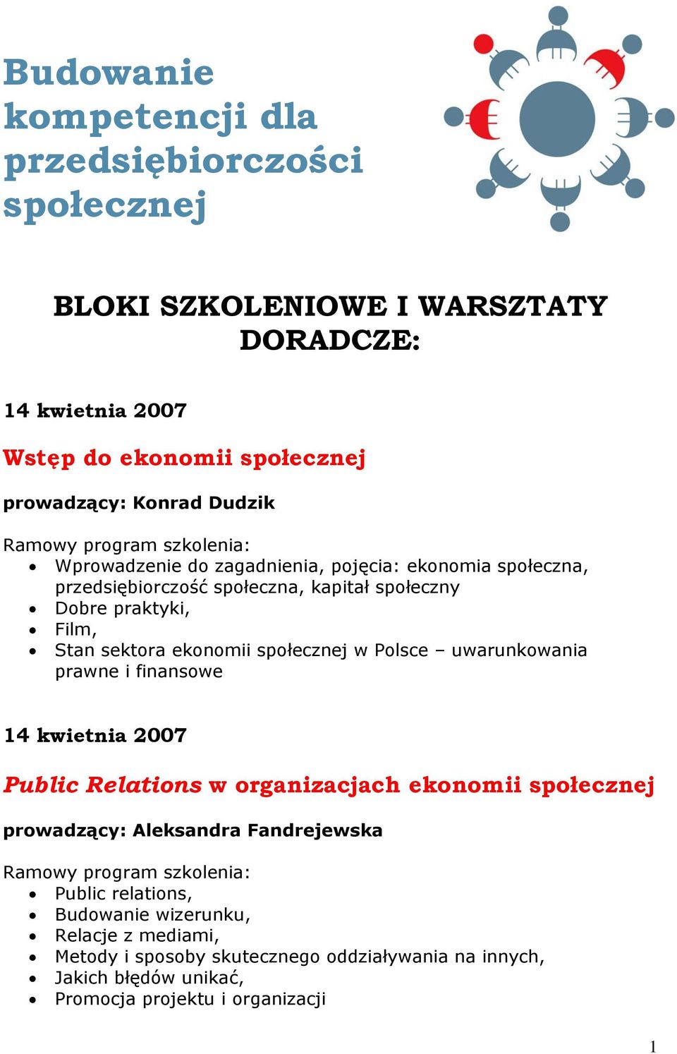 społecznej w Polsce uwarunkowania prawne i finansowe 14 kwietnia 2007 Public Relations w organizacjach ekonomii społecznej prowadzący: Aleksandra Fandrejewska