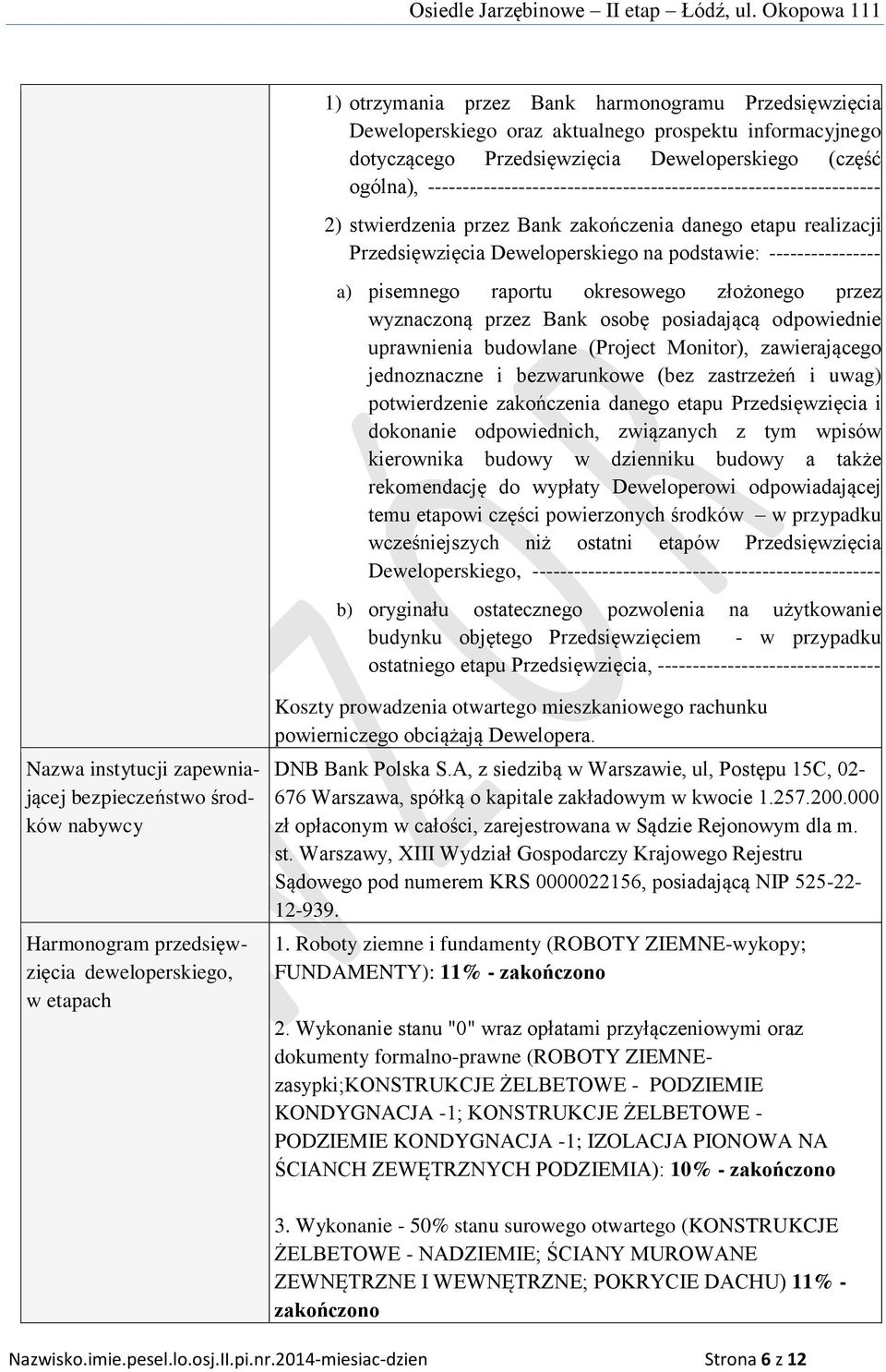------------------------------- a) pisemnego raportu okresowego złożonego przez wyznaczoną przez Bank osobę posiadającą odpowiednie uprawnienia budowlane (Project Monitor), zawierającego jednoznaczne