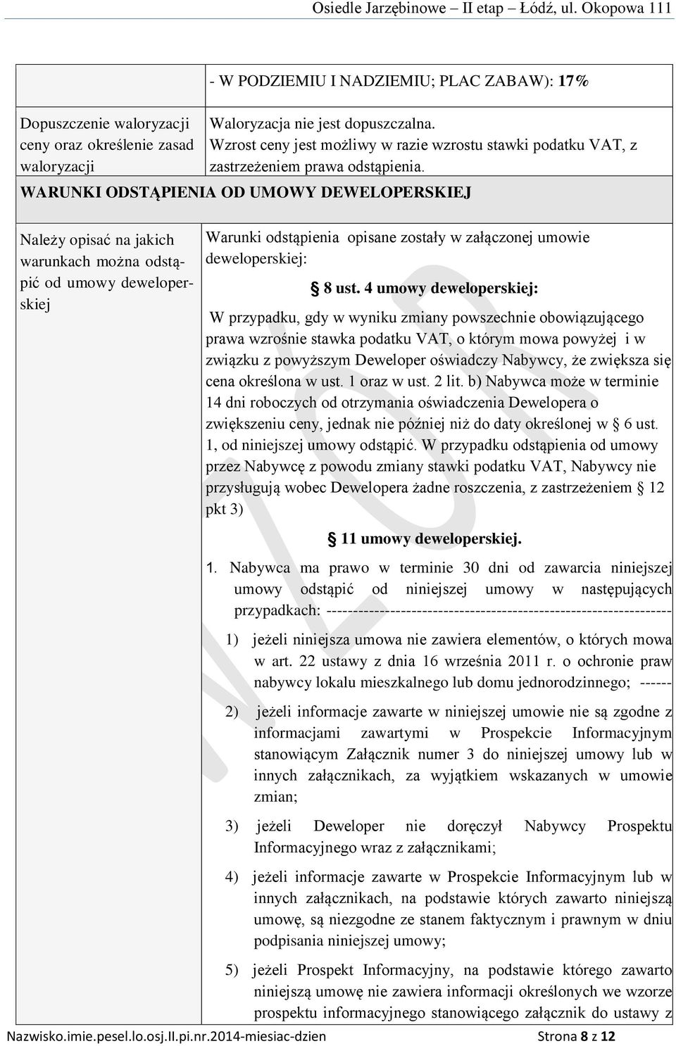 WARUNKI ODSTĄPIENIA OD UMOWY DEWELOPERSKIEJ Należy opisać na jakich warunkach można odstąpić od umowy deweloperskiej Warunki odstąpienia opisane zostały w załączonej umowie deweloperskiej: 8 ust.