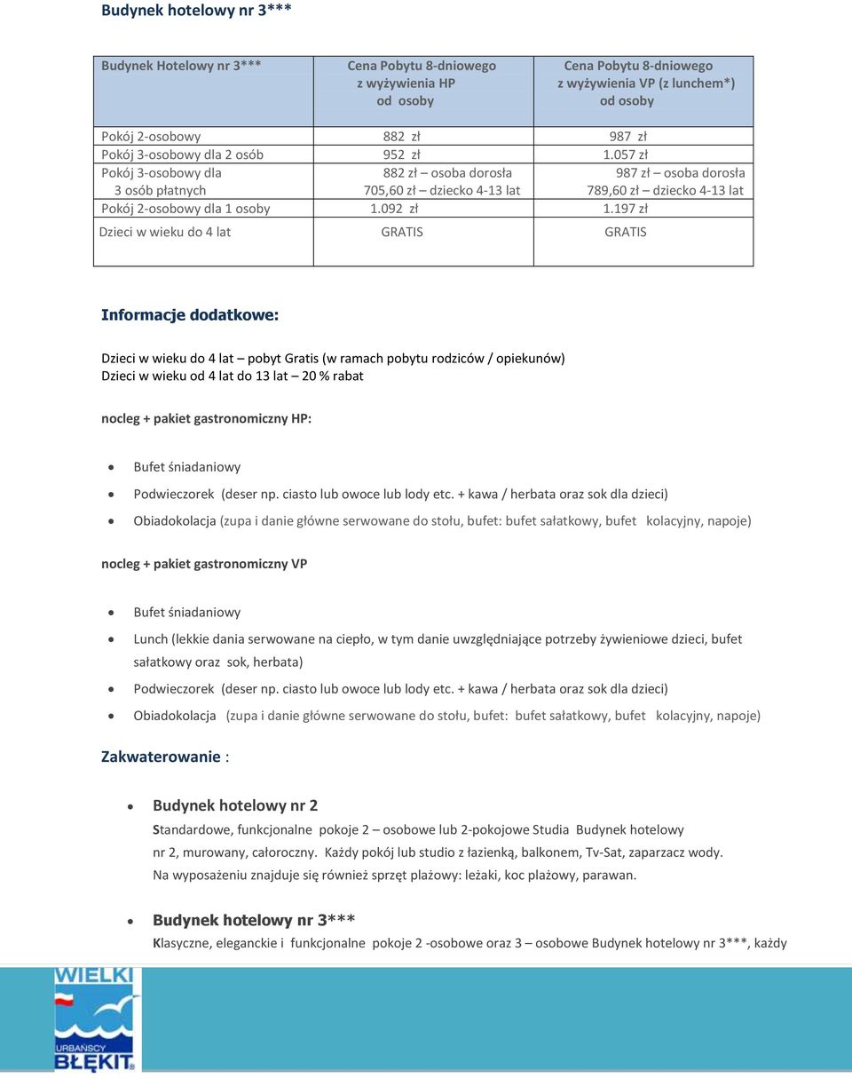 197 zł Dzieci w wieku do 4 lat GRATIS GRATIS Informacje dodatkowe: Dzieci w wieku do 4 lat pobyt Gratis (w ramach pobytu rodziców / opiekunów) Dzieci w wieku od 4 lat do 13 lat 20 % rabat nocleg +