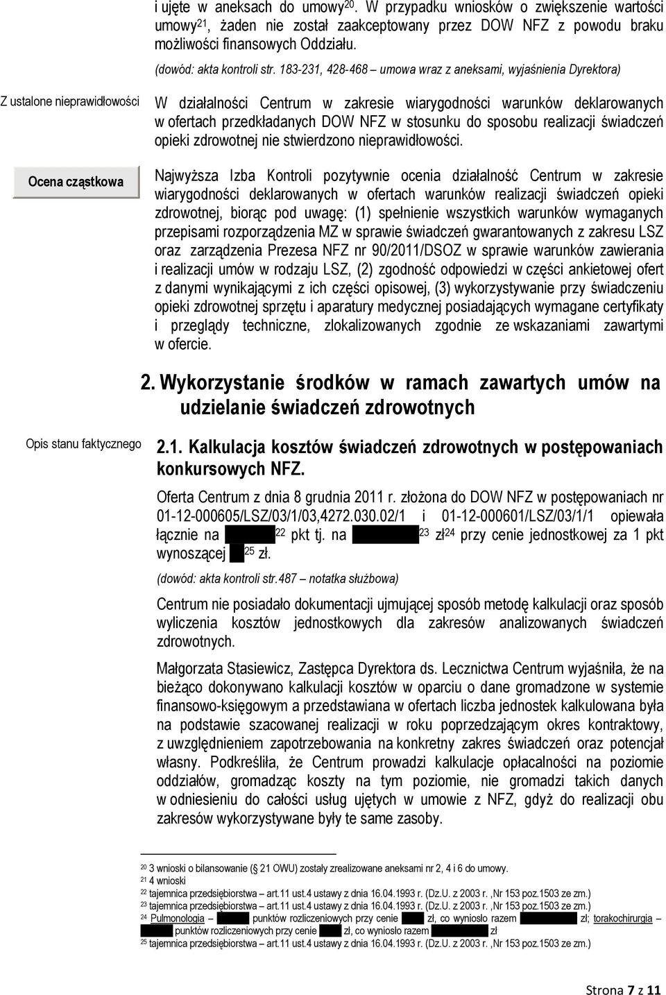 183-231, 428-468 umowa wraz z aneksami, wyjaśnienia Dyrektora) Z ustalone nieprawidłowości Ocena cząstkowa W działalności Centrum w zakresie wiarygodności warunków deklarowanych w ofertach
