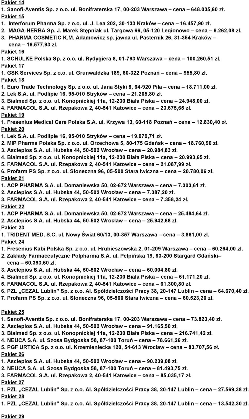 o. ul. Rydygiera 8, 01-793 Warszawa cena 100.260,51 zł. Pakiet 17 1. GSK Services Sp. z o.o. ul. Grunwaldzka 189, 60-322 Poznań cena 955,80 zł. Pakiet 18 1. Euro Trade Technology Sp. z o.o. ul. Jana Styki 8, 64-920 Piła cena 18.