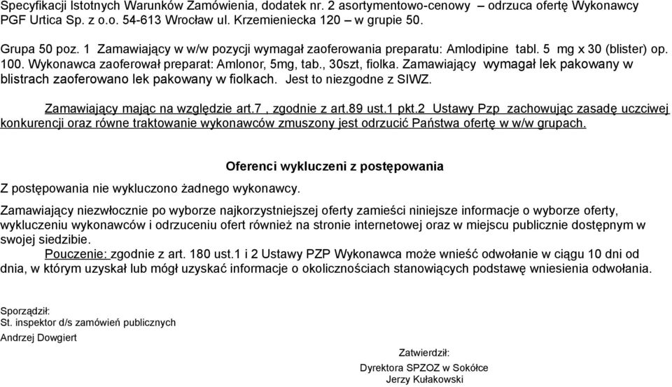 Zamawiający wymagał lek pakowany w blistrach zaoferowano lek pakowany w fiolkach. Jest to niezgodne z SIWZ. Zamawiający mając na względzie art.7, zgodnie z art.89 ust.1 pkt.