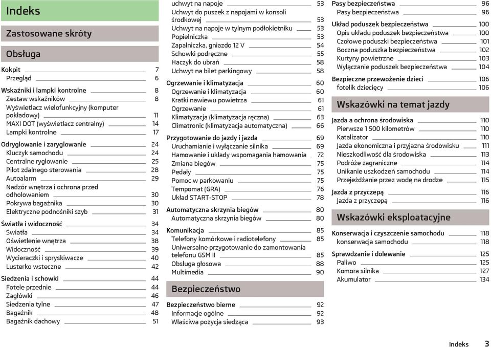 Elektryczne podnośniki szyb 31 Światła i widoczność 34 Światła 34 Oświetlenie wnętrza 38 Widoczność 39 Wycieraczki i spryskiwacze 40 Lusterko wsteczne 42 Siedzenia i schowki 44 Fotele przednie 44