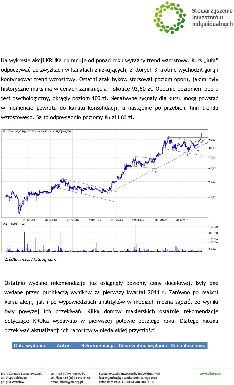 Negatywne sygnały dla kursu mogą powstać w momencie powrotu do kanału konsolidacji, a następnie po przebiciu linii trendu wzrostowego. Są to odpowiednio poziomy 86 zł i 83 zł. Źródło: http://stooq.