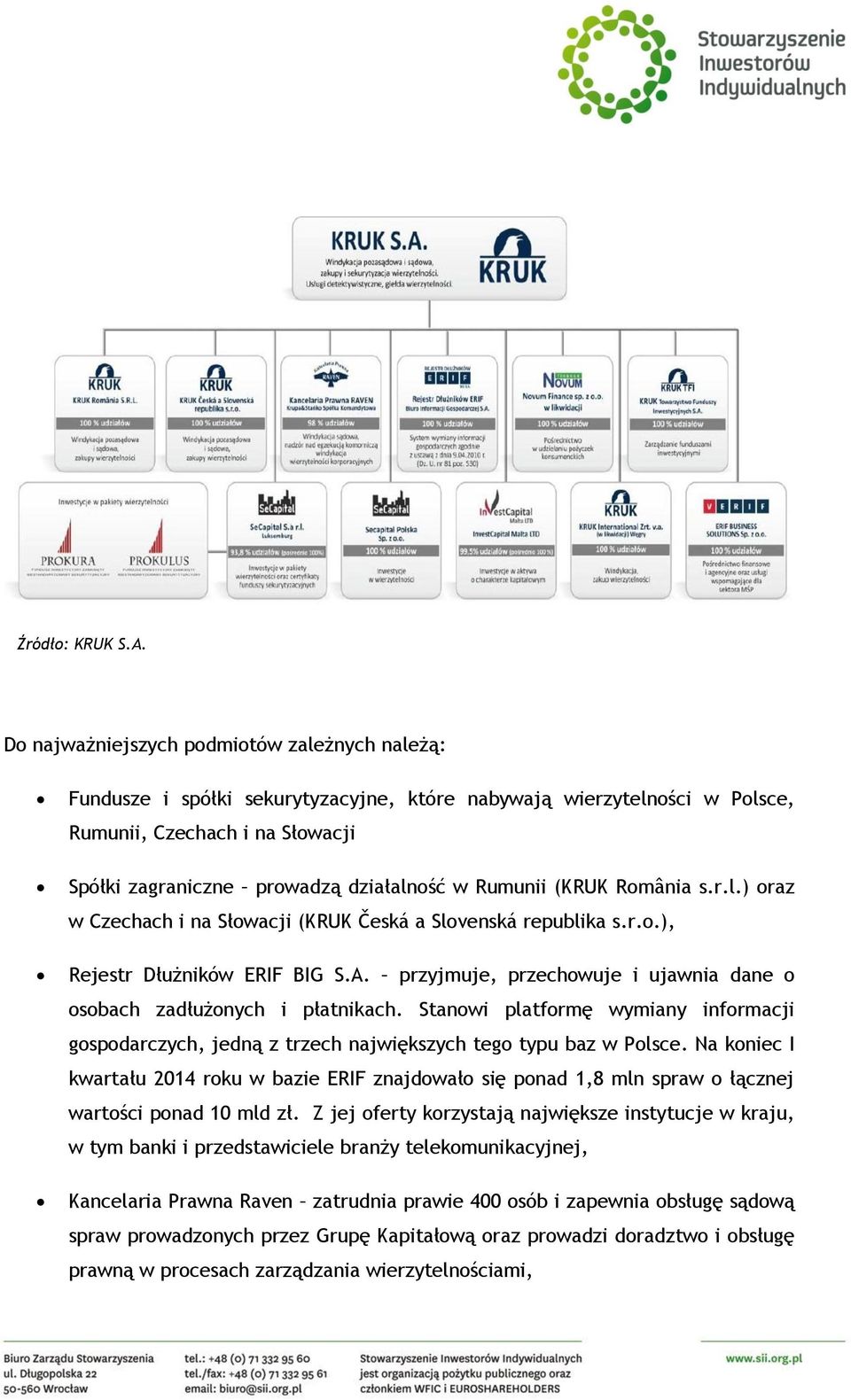 Rumunii (KRUK România s.r.l.) oraz w Czechach i na Słowacji (KRUK Česká a Slovenská republika s.r.o.), Rejestr Dłużników ERIF BIG S.A.