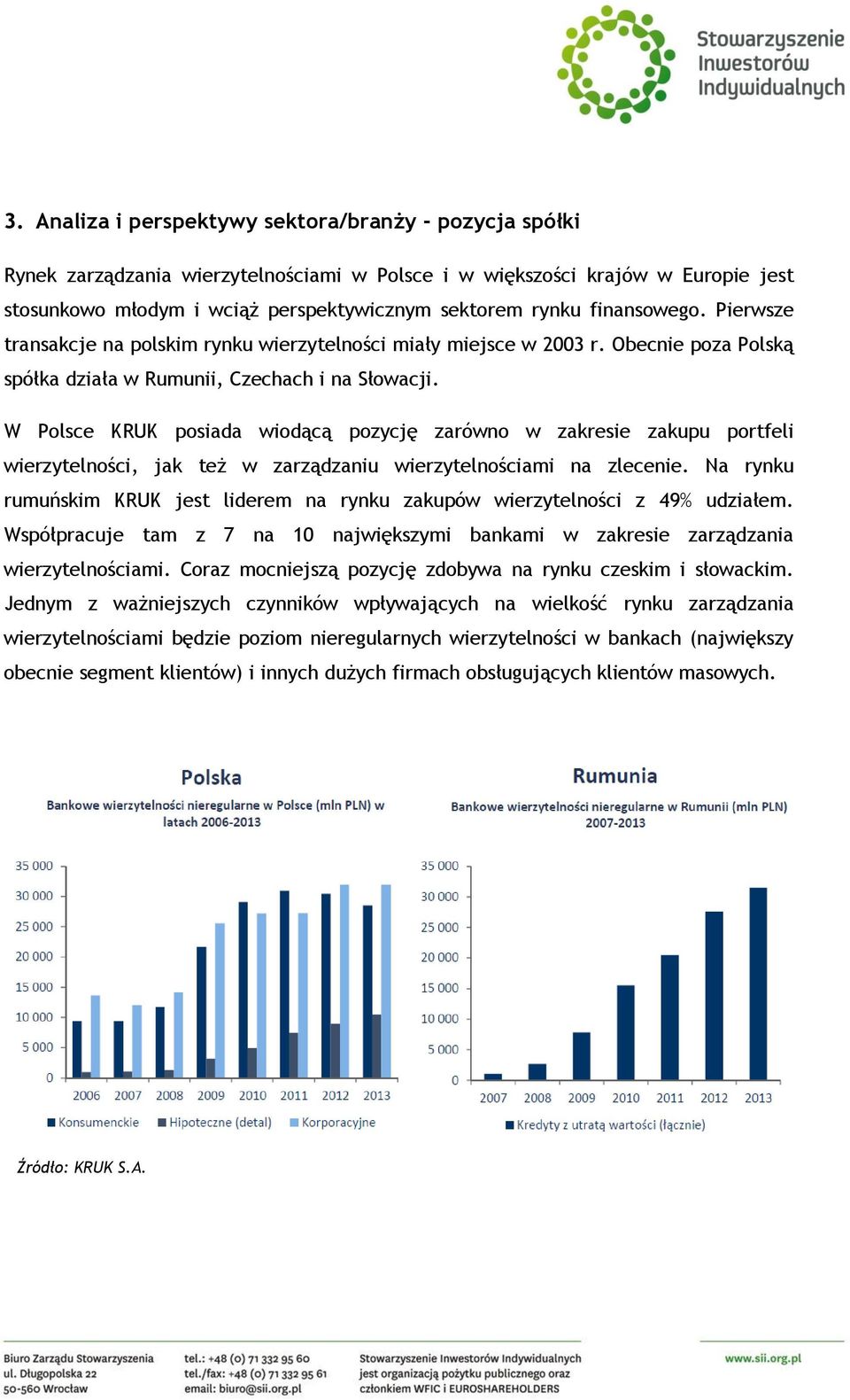 W Polsce KRUK posiada wiodącą pozycję zarówno w zakresie zakupu portfeli wierzytelności, jak też w zarządzaniu wierzytelnościami na zlecenie.