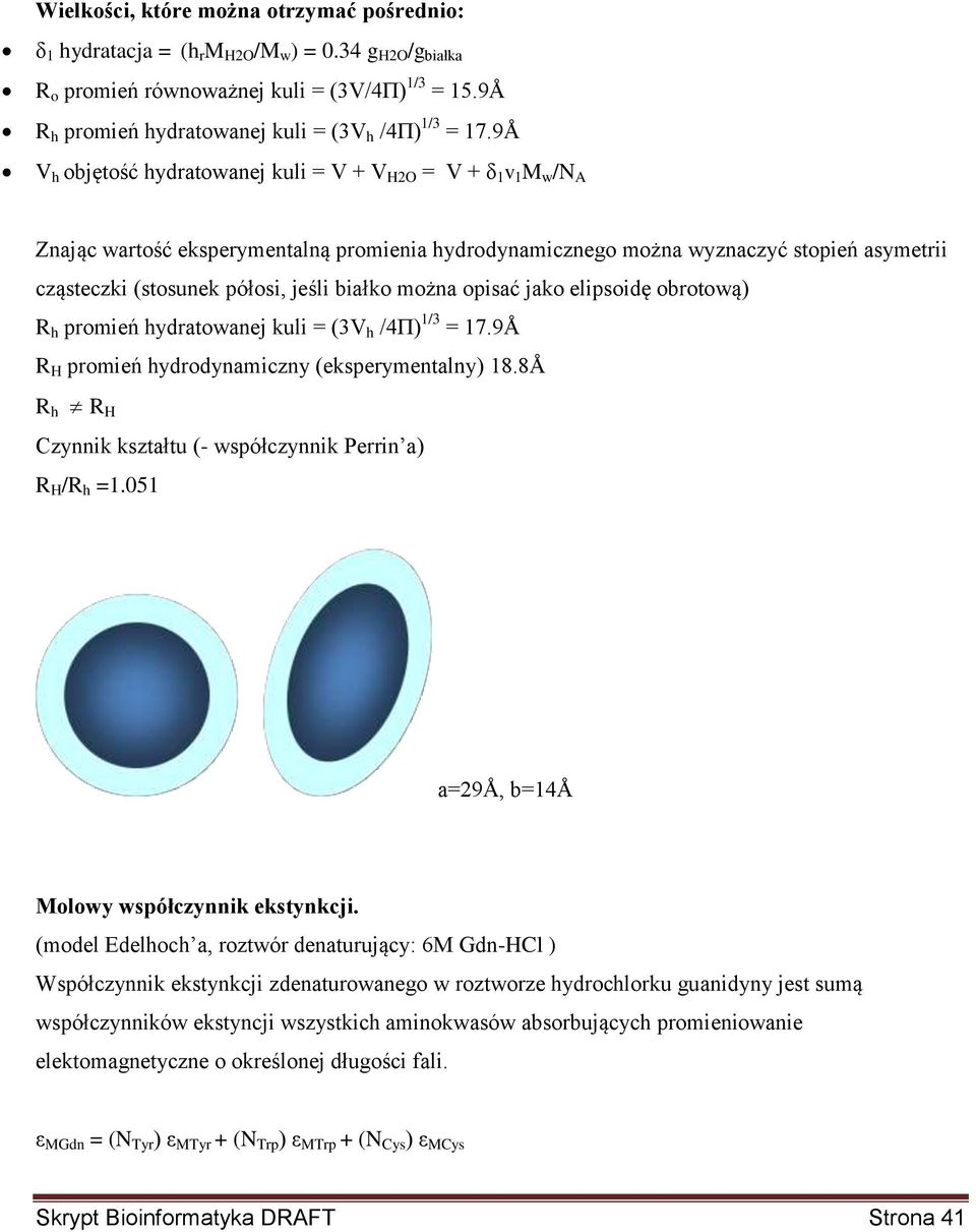 9Å V h objętość hydratowanej kuli = V + V H2O = V + δ 1 v 1 M w /N A Znając wartość eksperymentalną promienia hydrodynamicznego można wyznaczyć stopień asymetrii cząsteczki (stosunek półosi, jeśli