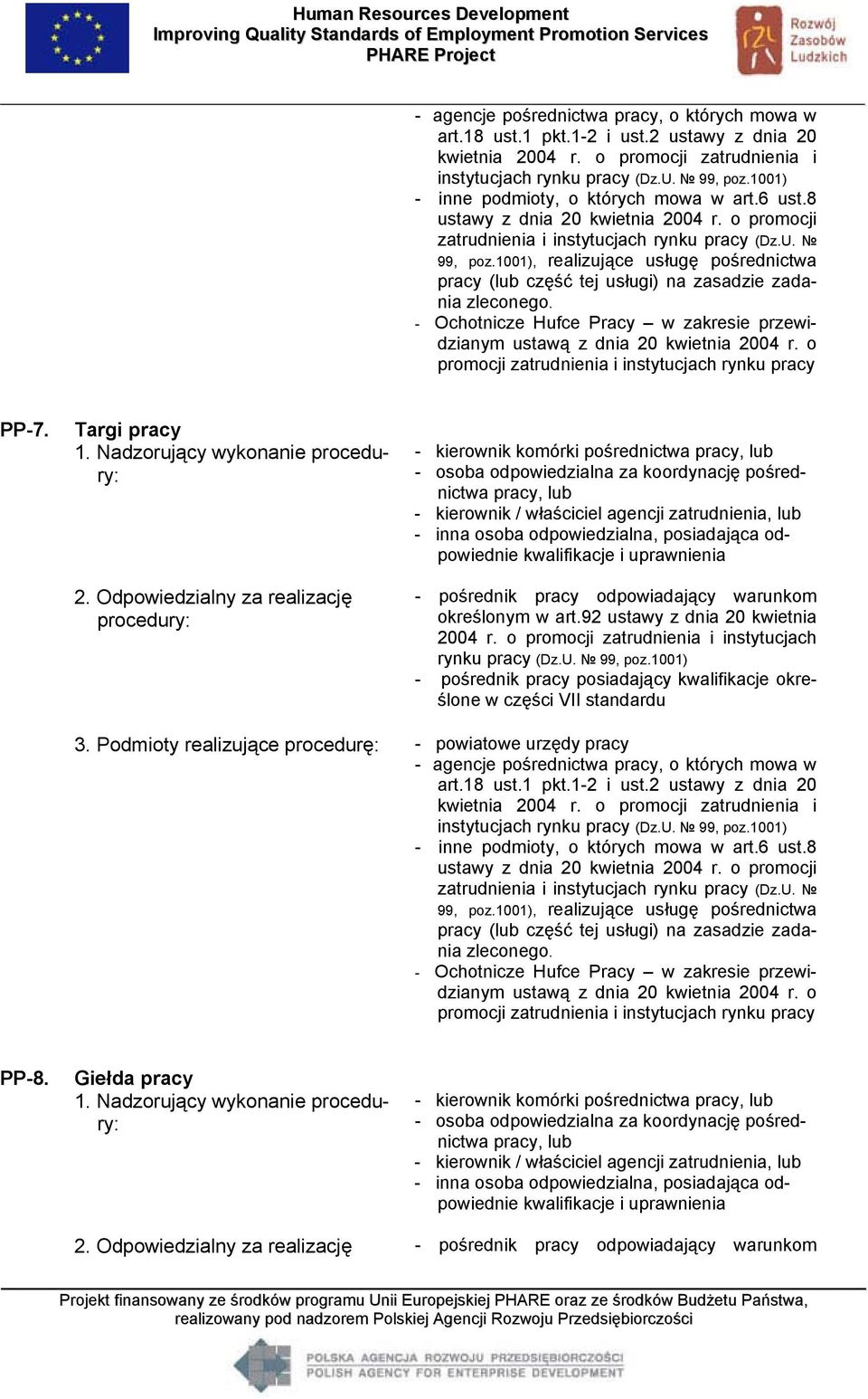 1001), realizujące usługę pośrednictwa pracy (lub część tej usługi) na zasadzie zadania zleconego. - Ochotnicze Hufce Pracy w zakresie przewidzianym ustawą z dnia 20 kwietnia 2004 r.