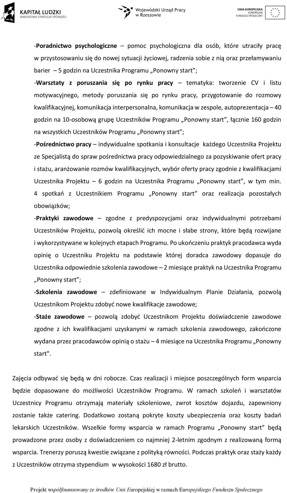 komunikacja interpersonalna, komunikacja w zespole, autoprezentacja 40 godzin na 10-osobową grupę Uczestników Programu Ponowny start, łącznie 160 godzin na wszystkich Uczestników Programu Ponowny