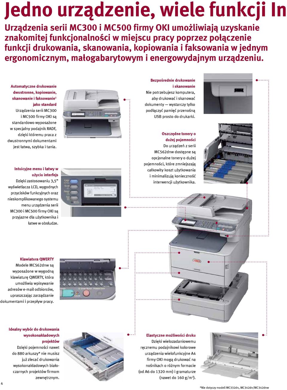 Automatyczne drukowanie dwustronne, kopiowanie, skanowanie i faksowanie 1 jako standard Urządzenia serii MC300 i MC500 firmy OKI są standardowo wyposażone w specjalny podajnik RADF, dzięki któremu