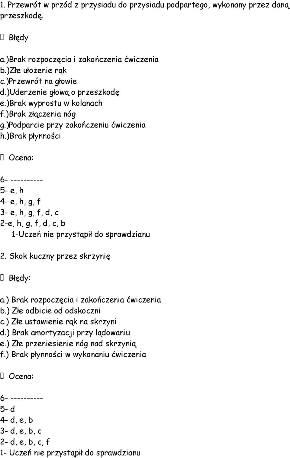 )brak płynności Ocena: 6- ---------- 5- e, h 4- e, h, g, f 3- e, h, g, f, d, c 2-e, h, g, f, d, c, b 1-Uczeń nie przystąpił do sprawdzianu 2. Skok kuczny przez skrzynię a.