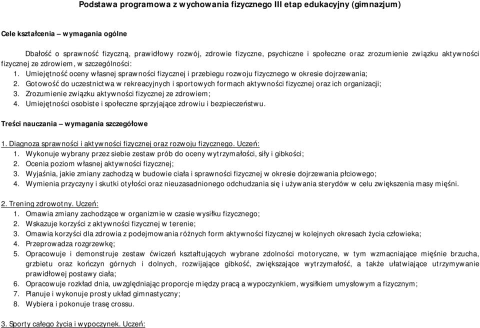 Gotowość do uczestnictwa w rekreacyjnych i sportowych formach aktywności fizycznej oraz ich organizacji; 3. Zrozumienie związku aktywności fizycznej ze zdrowiem; 4.