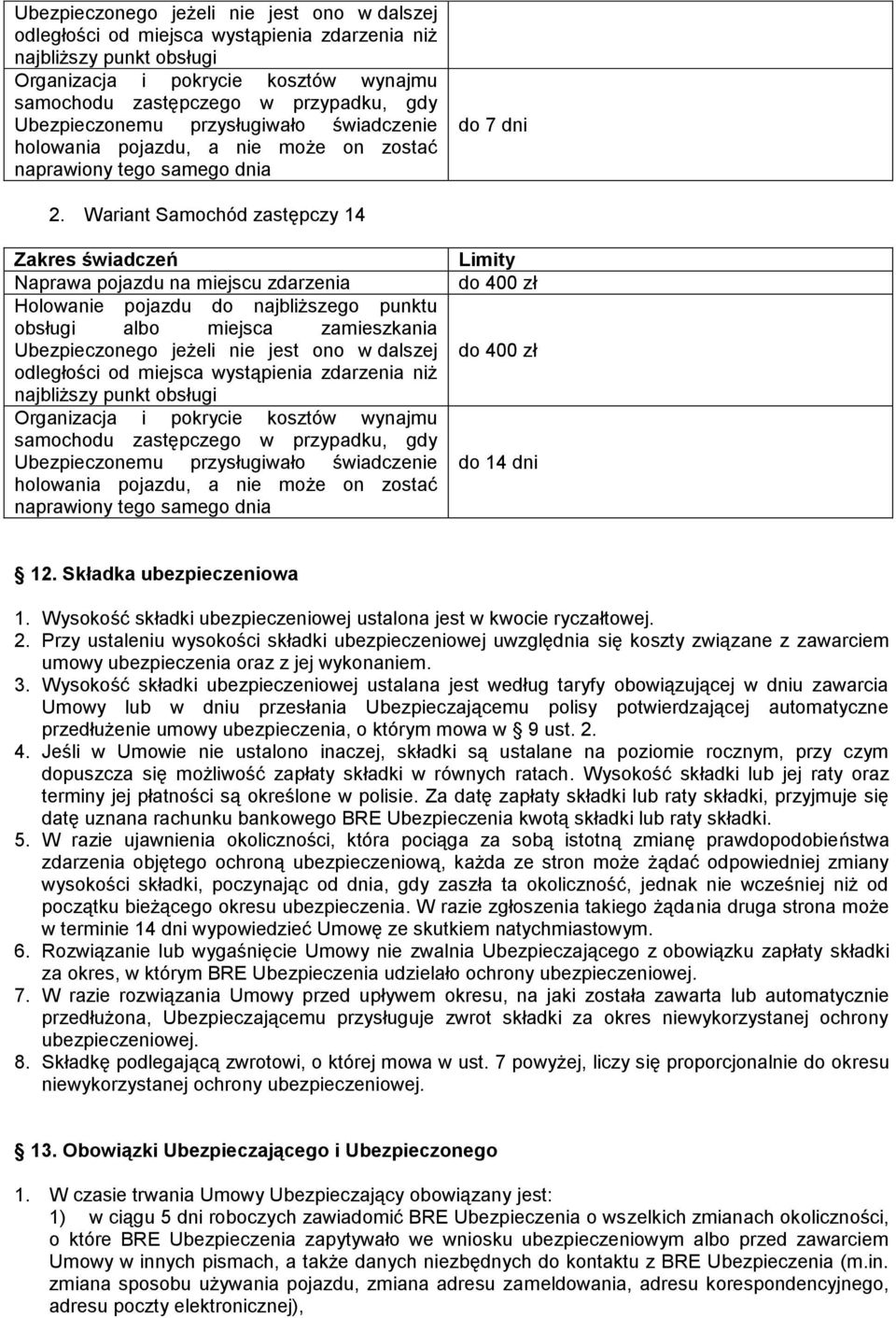 Wariant Samochód zastępczy 14 Zakres świadczeń Naprawa pojazdu na miejscu zdarzenia Holowanie pojazdu do najbliższego punktu obsługi albo miejsca zamieszkania  Ubezpieczonemu przysługiwało