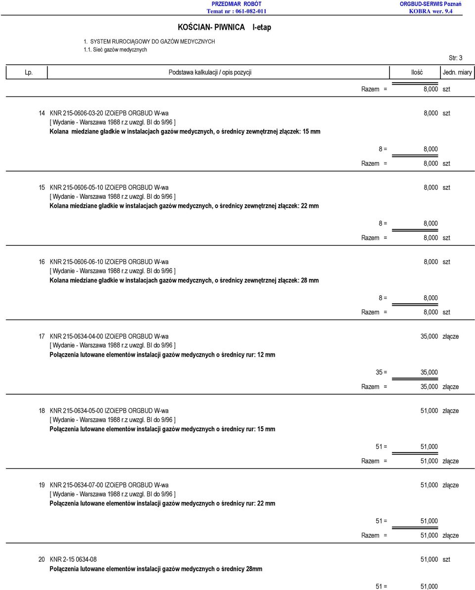 gazów medycznych, o średnicy zewnętrznej złączek: 28 mm 17 KNR 215-0634-04-00 IZOiEPB ORGBUD W-wa 35,000 złącze Połączenia lutowane elementów instalacji gazów medycznych o średnicy rur: 12 mm 35 =