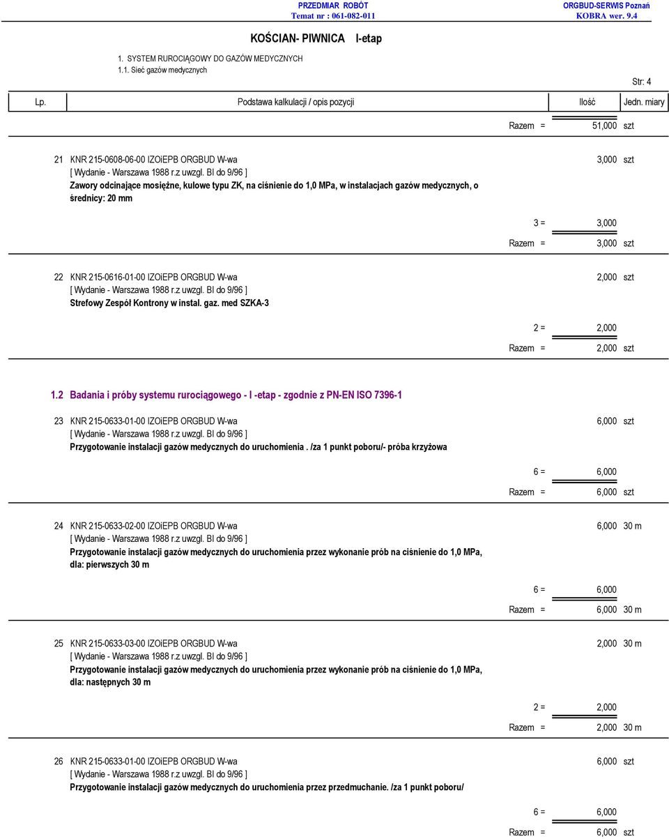 2 Badania i próby systemu rurociągowego - I -etap - zgodnie z PN-EN ISO 7396-1 23 KNR 215-0633-01-00 IZOiEPB ORGBUD W-wa Przygotowanie instalacji gazów medycznych do uruchomienia.