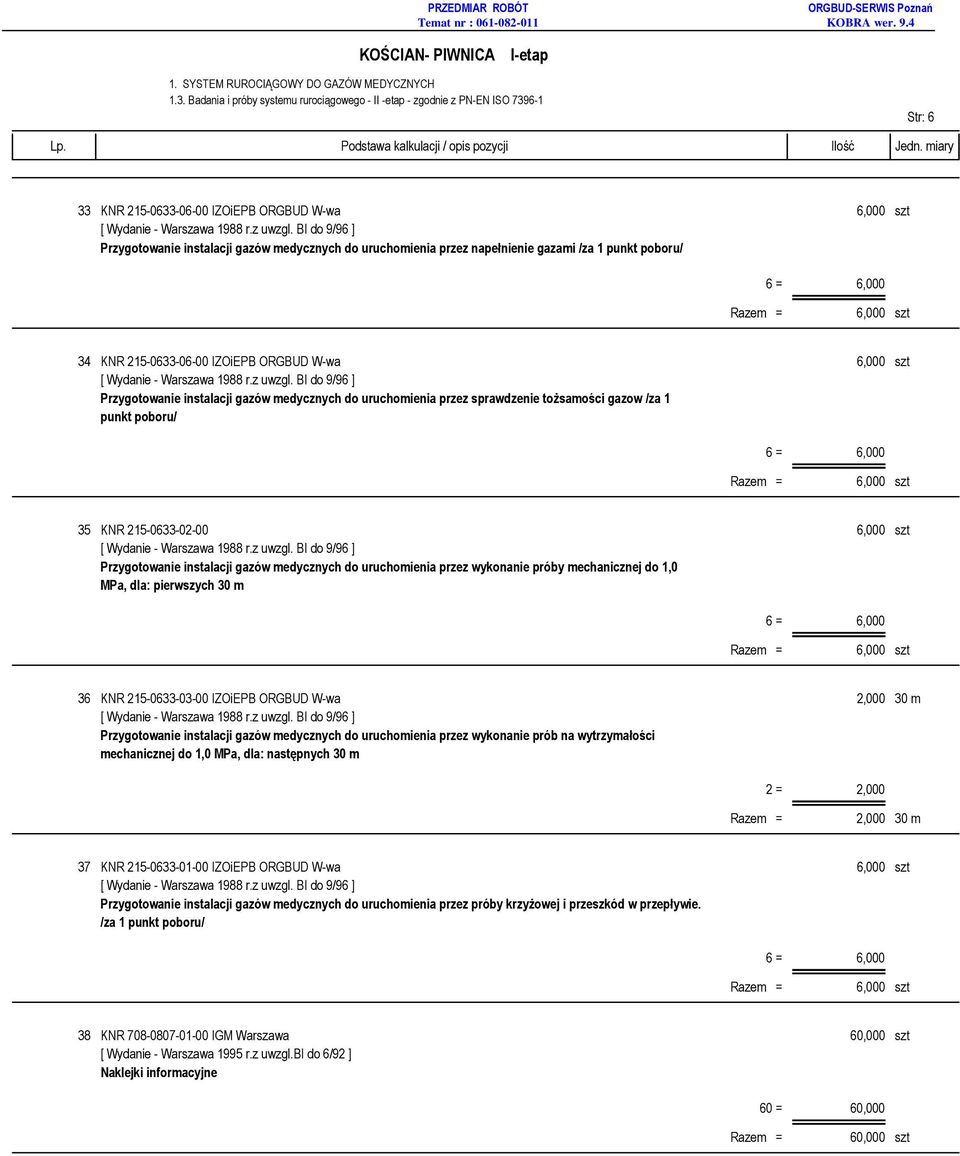 KNR 215-0633-02-00 Przygotowanie instalacji gazów medycznych do uruchomienia przez wykonanie próby mechanicznej do 1,0 MPa, dla: pierwszych 30 m 36 KNR 215-0633-03-00 IZOiEPB ORGBUD W-wa 2,000 30 m