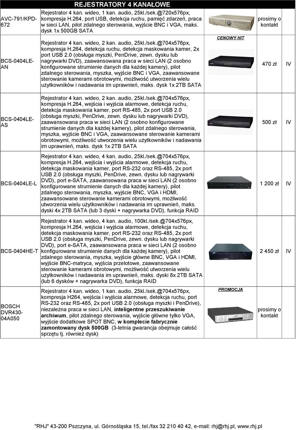 /sek.@704x576px, kompresja H.264, detekcja ruchu, detekcja maskowania kamer, 2x port USB 2.0 (obsługa myszki, PenDrive, zewn.