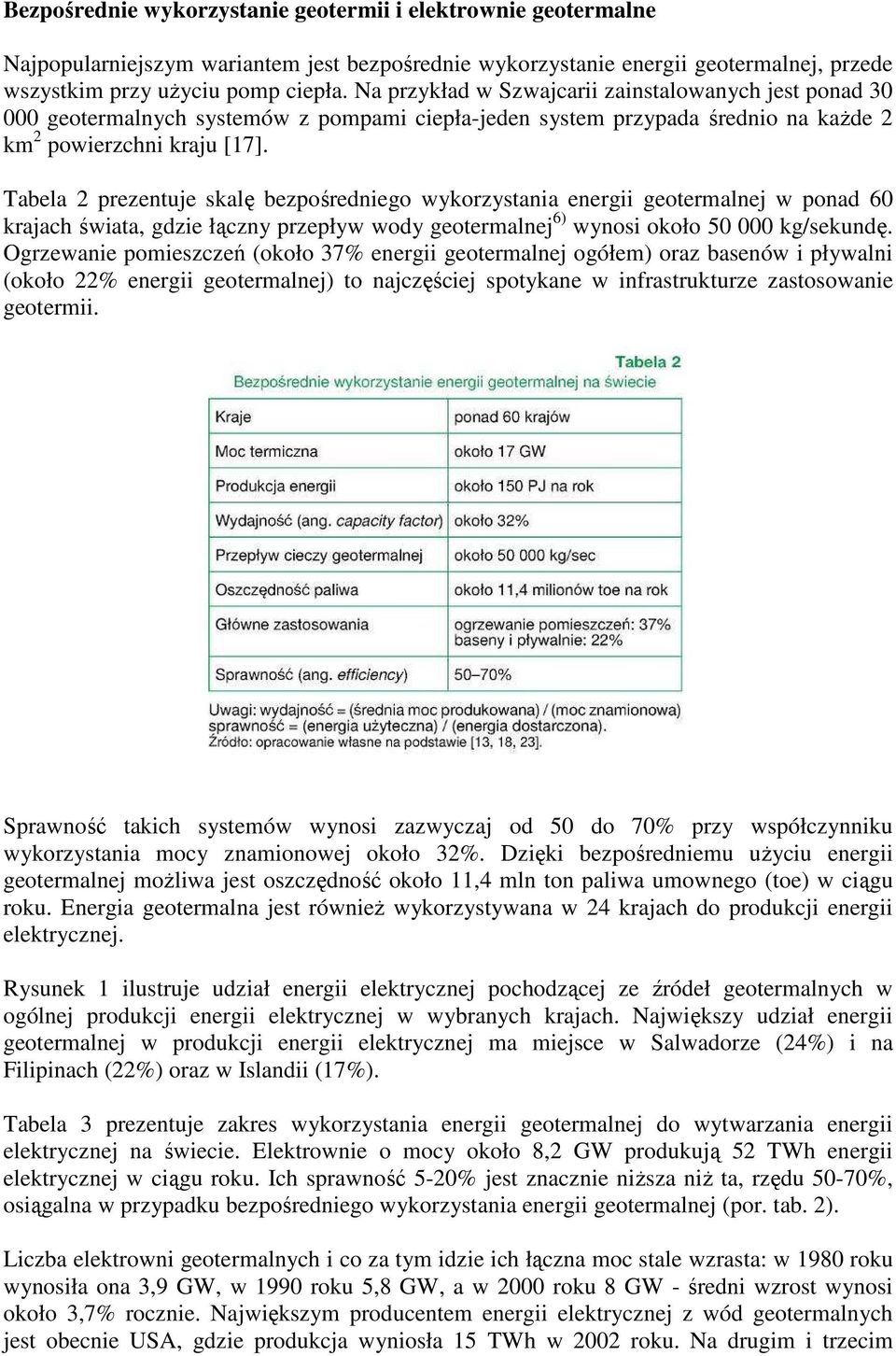 Tabela 2 prezentuje skalę bezpośredniego wykorzystania energii geotermalnej w ponad 60 krajach świata, gdzie łączny przepływ wody geotermalnej 6) wynosi około 50 000 kg/sekundę.