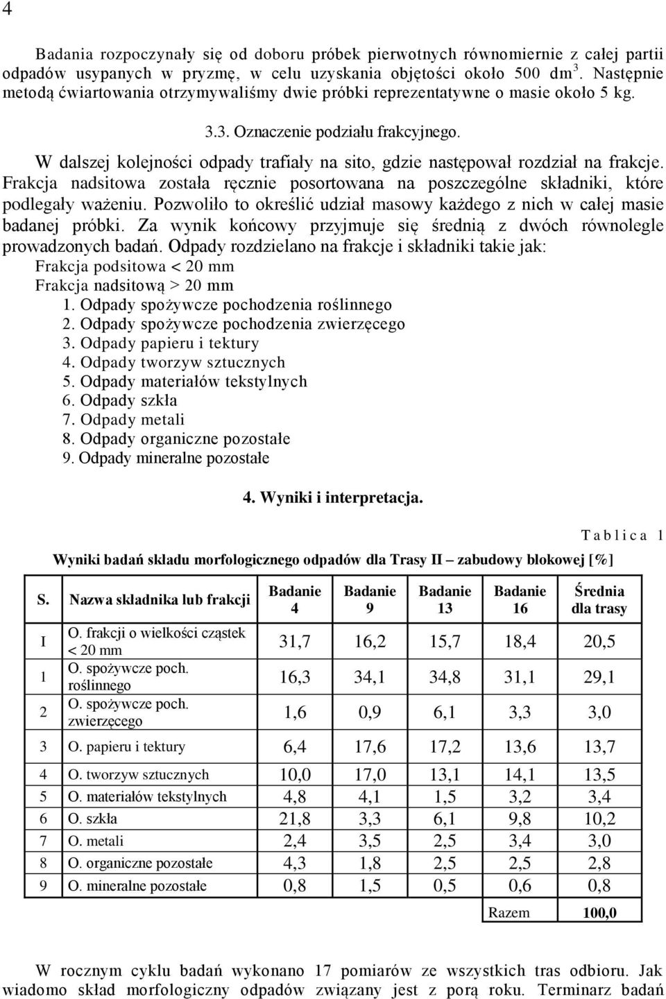 W dalszej kolejności odpady trafiały na sito, gdzie następował rozdział na frakcje. Frakcja nadsitowa została ręcznie posortowana na poszczególne składniki, które podlegały ważeniu.