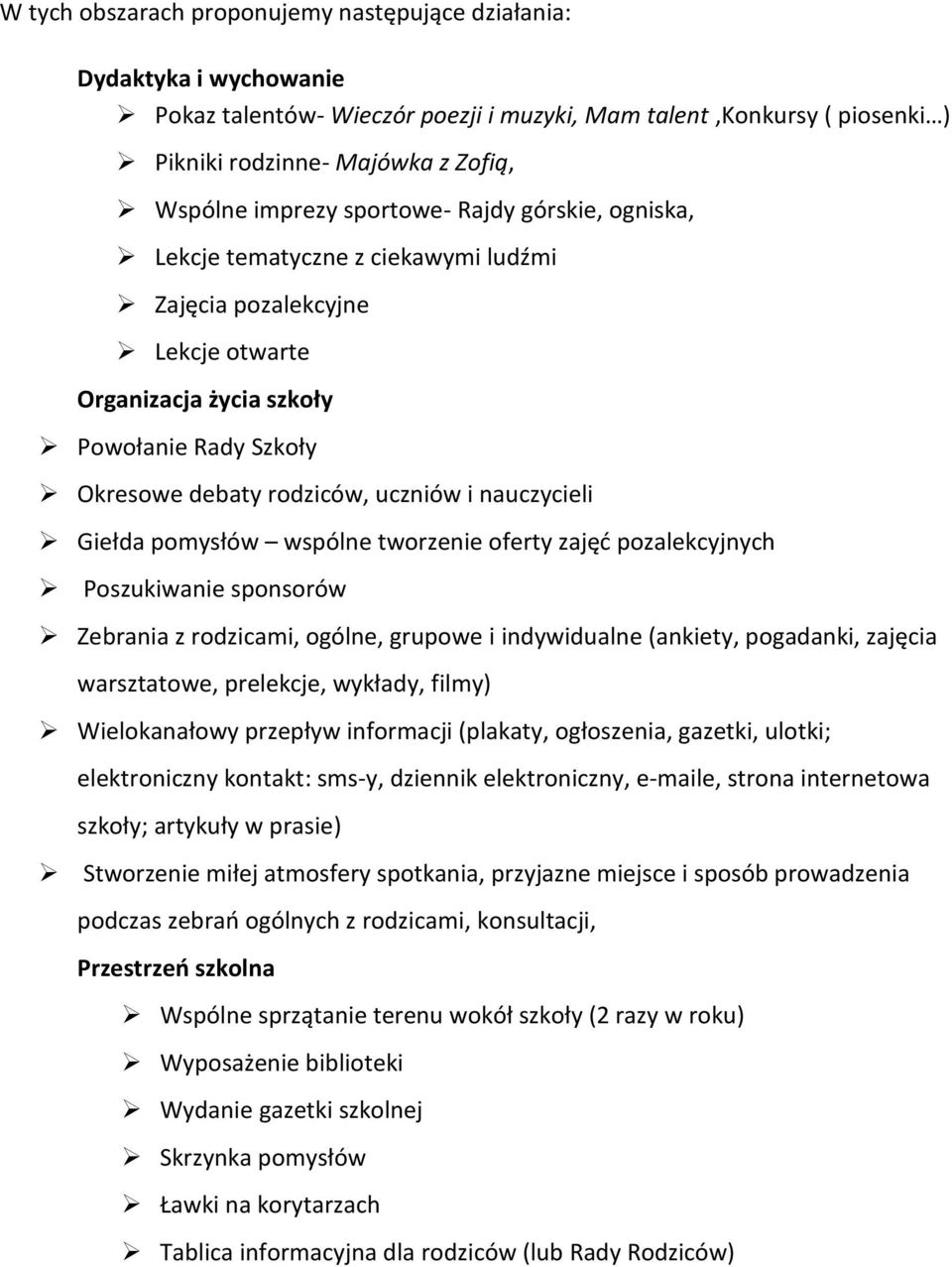 nauczycieli Giełda pomysłów wspólne tworzenie oferty zajęd pozalekcyjnych Poszukiwanie sponsorów Zebrania z rodzicami, ogólne, grupowe i indywidualne (ankiety, pogadanki, zajęcia warsztatowe,