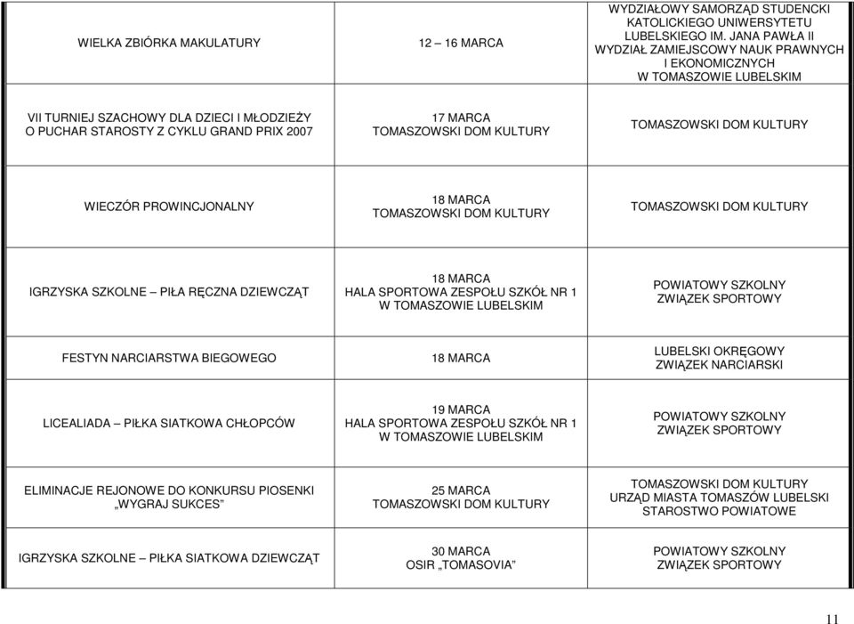 2007 17 MARCA WIECZÓR PROWINCJONALNY 18 MARCA IGRZYSKA SZKOLNE PIŁA RĘCZNA DZIEWCZĄT 18 MARCA FESTYN NARCIARSTWA BIEGOWEGO 18 MARCA LUBELSKI