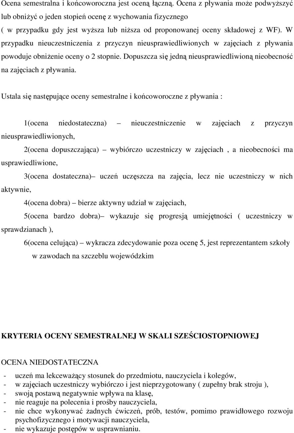 W przypadku nieuczestniczenia z przyczyn nieusprawiedliwionych w zajęciach z pływania powoduje obniŝenie oceny o 2 stopnie. Dopuszcza się jedną nieusprawiedliwioną nieobecność na zajęciach z pływania.