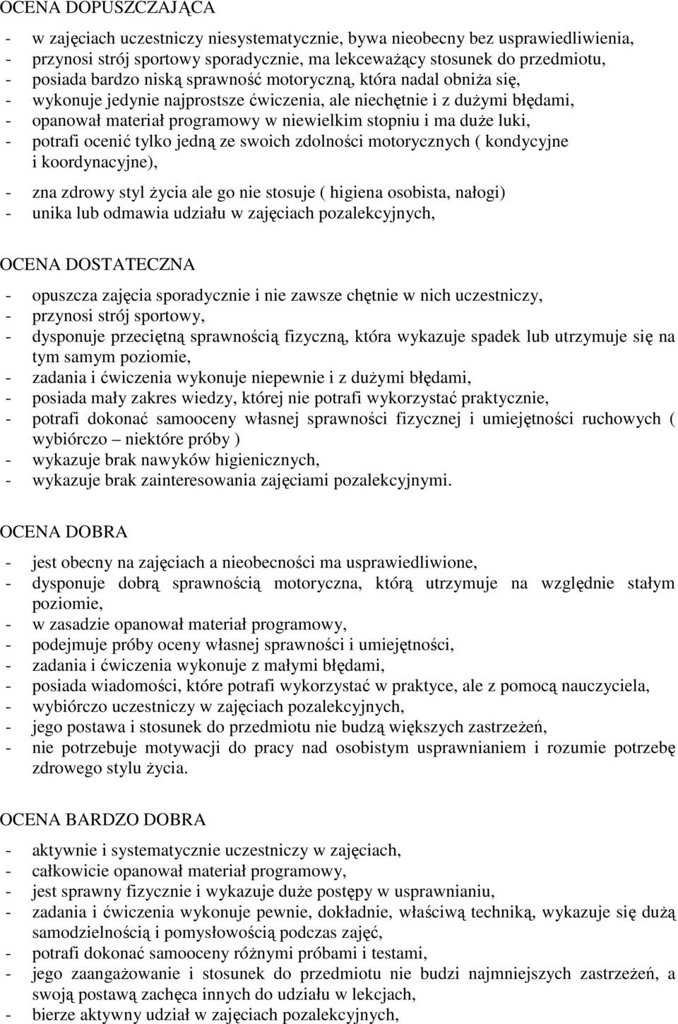 potrafi ocenić tylko jedną ze swoich zdolności motorycznych ( kondycyjne i koordynacyjne), - zna zdrowy styl Ŝycia ale go nie stosuje ( higiena osobista, nałogi) - unika lub odmawia udziału w