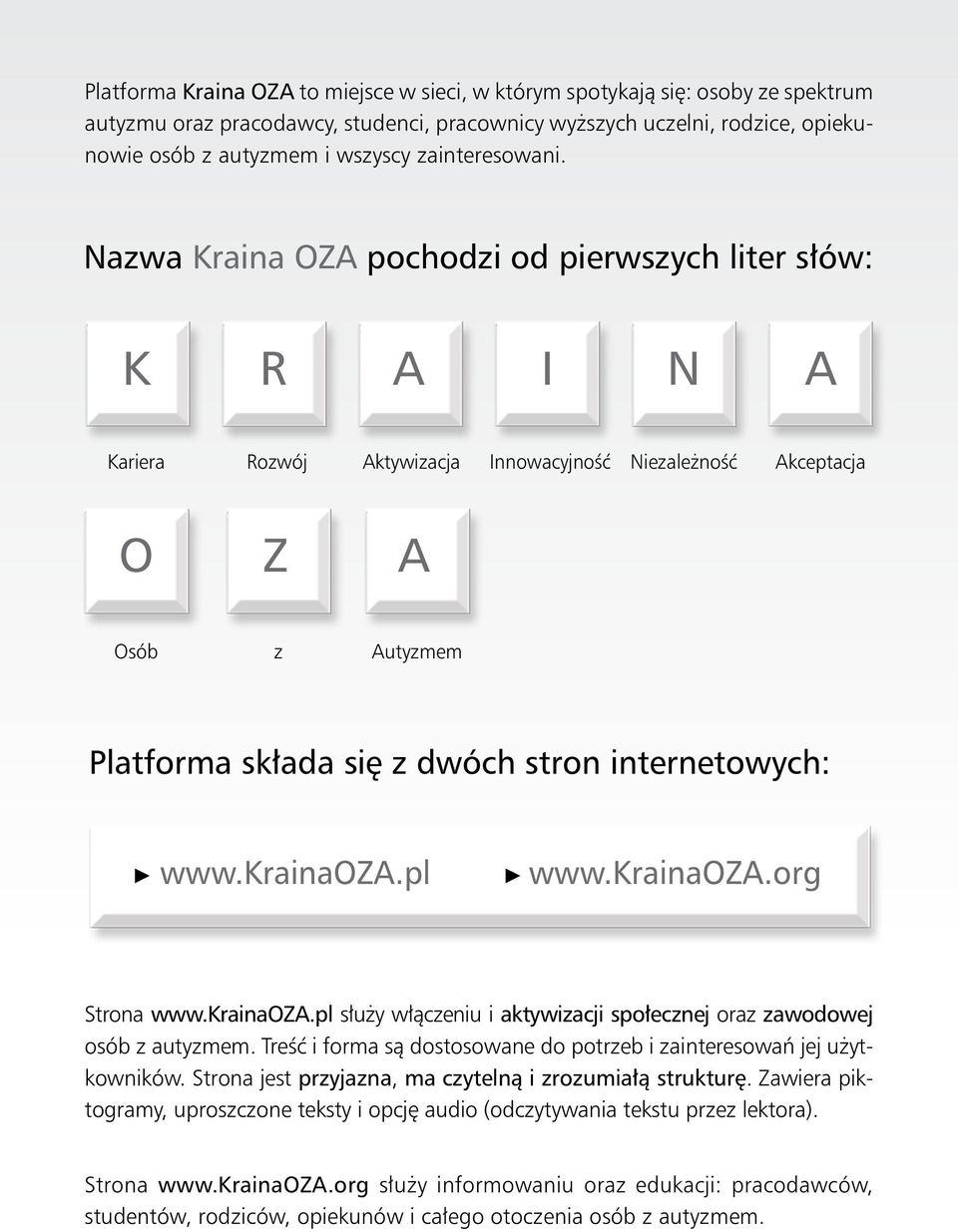 Nazwa Kraina OZA pochodzi od pierwszych liter słów: K R A I N A Kariera Rozwój Aktywizacja Innowacyjność Niezależność Akceptacja O Z A Osób z Autyzmem Platforma składa się z dwóch stron