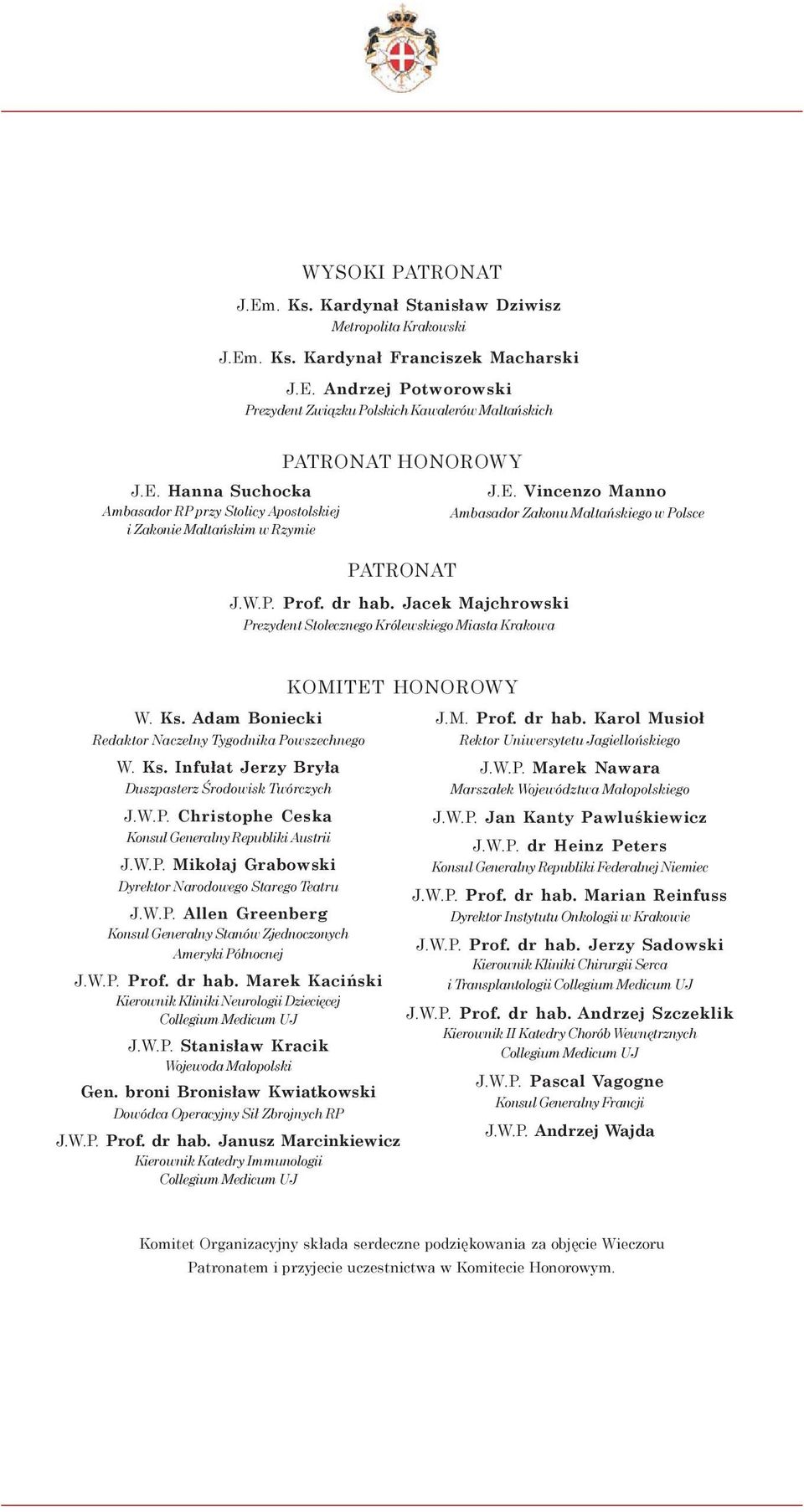 Jacek Majchrowski Prezydent Stołecznego Królewskiego Miasta Krakowa W. Ks. Adam Boniecki Redaktor Naczelny Tygodnika Powszechnego W. Ks. Infułat Jerzy Bryła Duszpasterz Środowisk Twórczych J.W.P. Christophe Ceska Konsul Generalny Republiki Austrii J.
