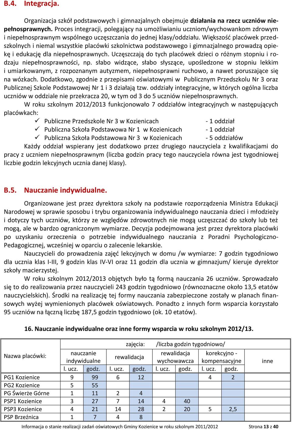 Większość placówek przedszkolnych i niemal wszystkie placówki szkolnictwa podstawowego i gimnazjalnego prowadzą opiekę i edukację dla niepełnosprawnych.