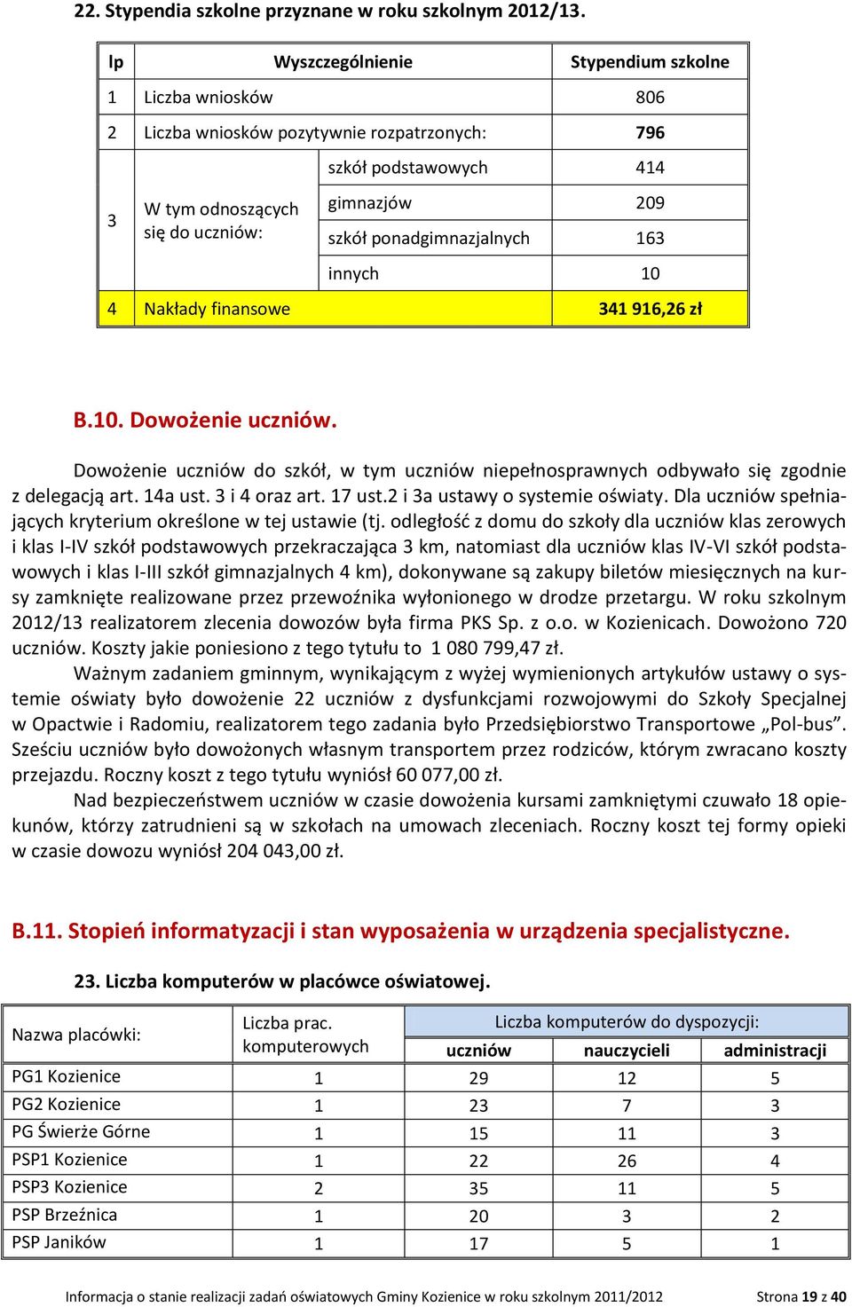 ponadgimnazjalnych 163 innych 10 4 Nakłady finansowe 341 916,26 zł B.10. Dowożenie uczniów. Dowożenie uczniów do szkół, w tym uczniów niepełnosprawnych odbywało się zgodnie z delegacją art. 14a ust.