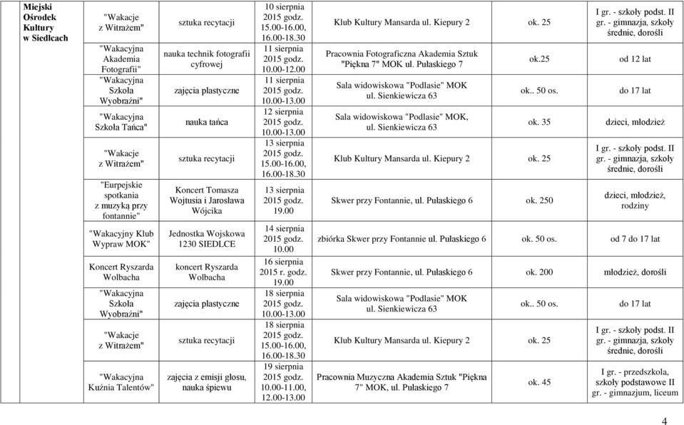 Jarosława Wójcika Jednostka Wojskowa 1230 SIEDLCE koncert Ryszarda Wolbacha zajęcia plastyczne sztuka recytacji zajęcia z emisji głosu, nauka śpiewu 10 sierpnia 15.0016.00, 16.0018.30 11 sierpnia 10.