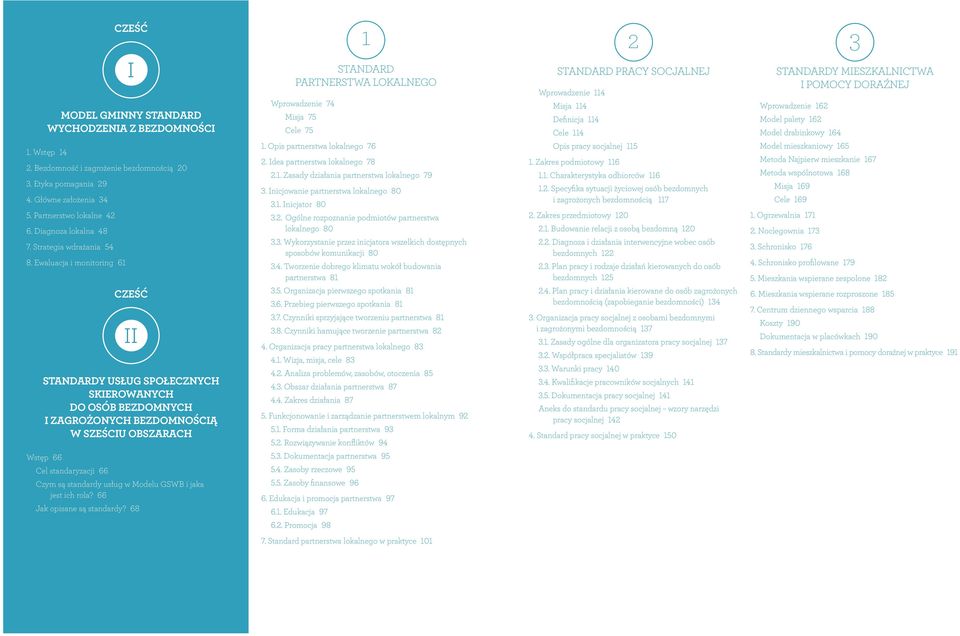 Ewaluacja i monitoring 61 Cześć II STANDARDY USŁUG SPOŁECZNYCH SKIEROWANYCH DO OSÓB BEZDOMNYCH I ZAGROŻONYCH BEZDOMNOŚCIĄ W SZEŚCIU OBSZARACH Wstęp 66 Cel standaryzacji 66 Czym są standardy usług w