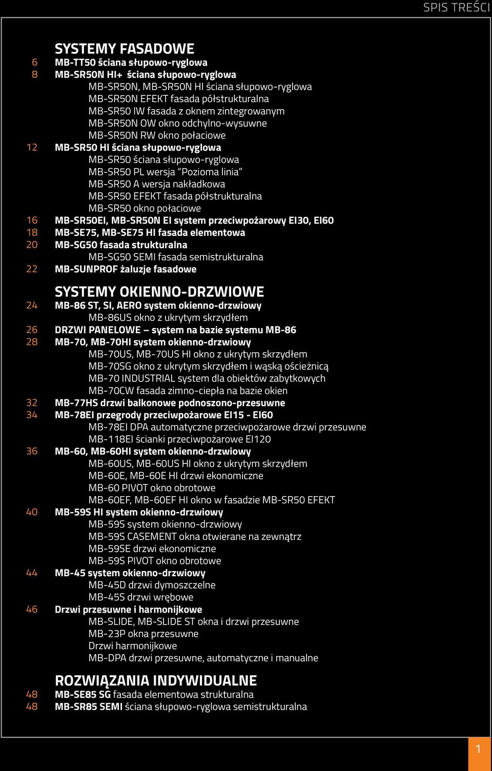 słupowo-ryglowa MB-SR50 PL wersja Pozioma linia MB-SR50 A wersja nakładkowa MB-SR50 EFEKT fasada półstrukturalna MB-SR50 okno połaciowe MB-SR50EI, MB-SR50N EI system przeciwpożarowy EI30, EI60