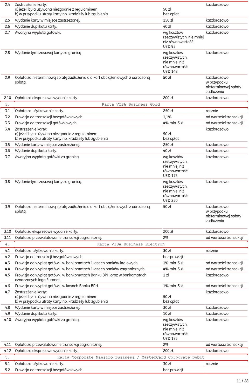 8 Wydanie tymczasowej karty za granicą wg kosztów rzeczywistych, nie mniej niż równowartość USD 148 2.9 Opłata za nieterminową spłatę zadłużenia dla kart obciążeniowych z odroczoną spłatą.