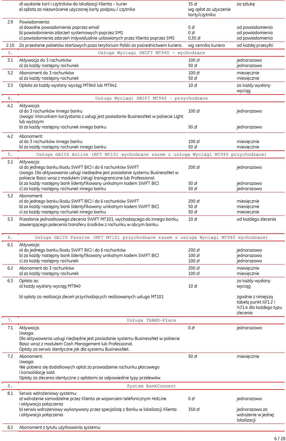 użyczenie karty/czytnika 0 zł 0 zł 0,30 zł za sztukę od powiadomienia od powiadomienia od powiadomienia 2.10 Za przesłanie pakietów startowych poza terytorium Polski za pośrednictwem kuriera.
