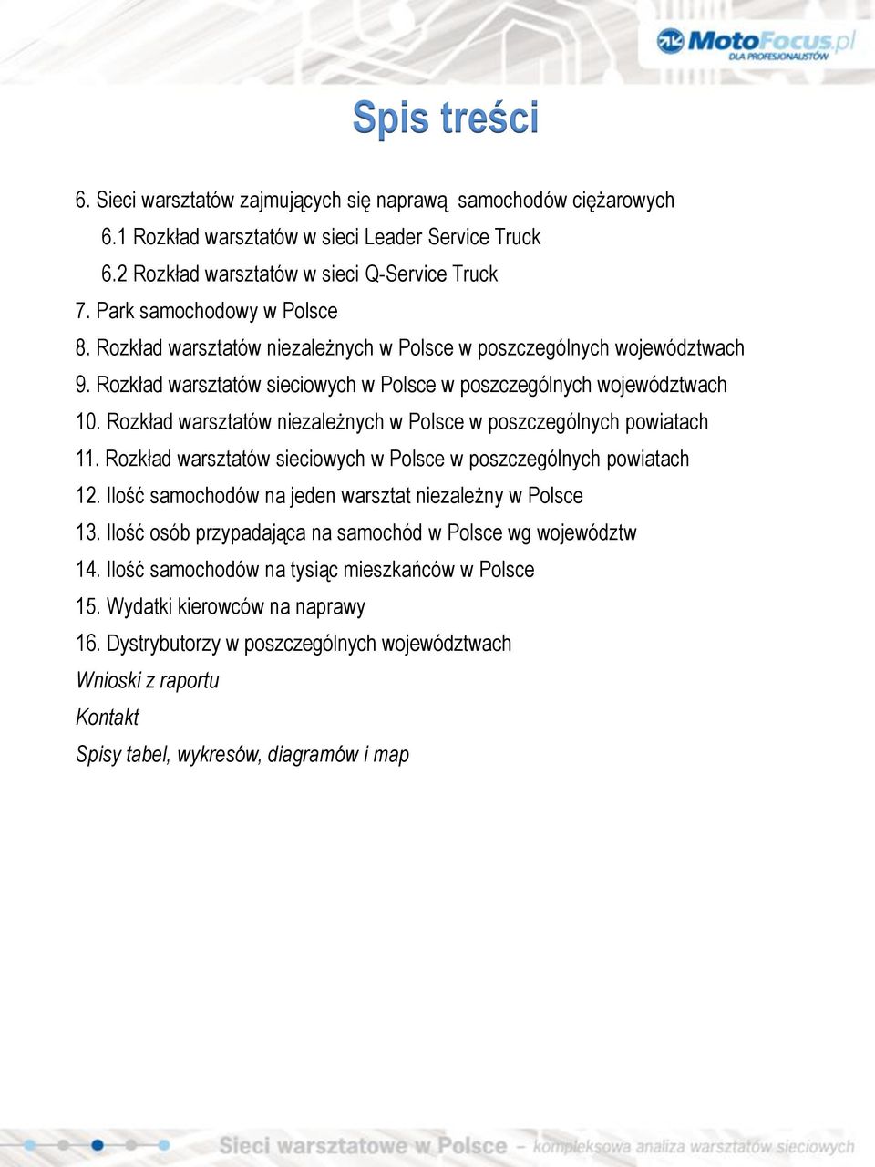 Rozkład warsztatów niezależnych w Polsce 11. Rozkład warsztatów sieciowych w Polsce 12. Ilość samochodów na jeden warsztat niezależny w Polsce 13.