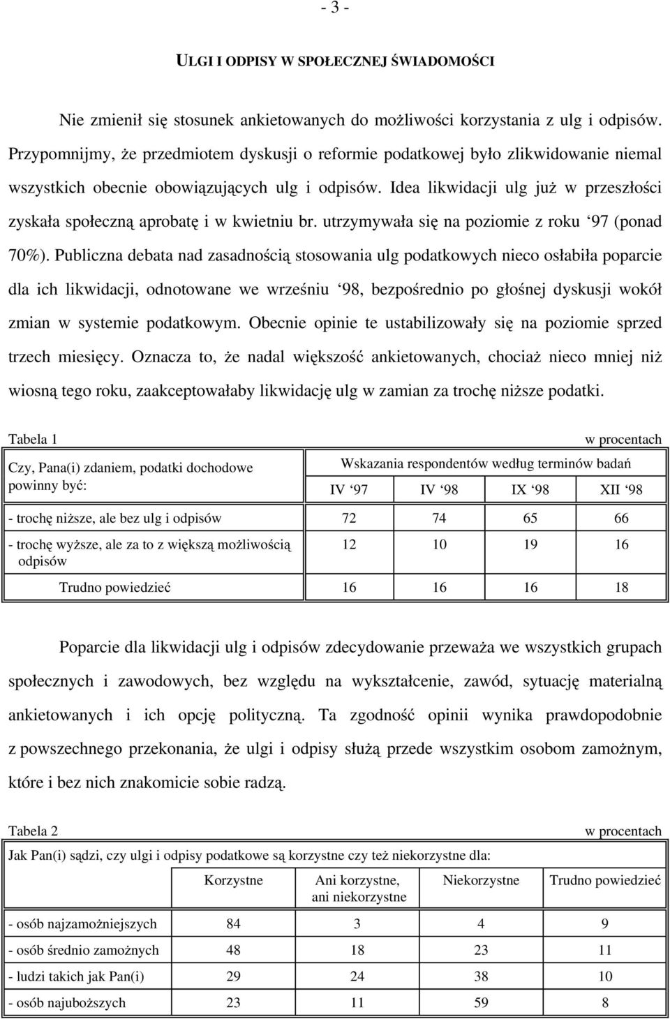 Idea likwidacji ulg już w przeszłości zyskała społeczną aprobatę i w kwietniu br. utrzymywała się na poziomie z roku 97 (ponad 70%).