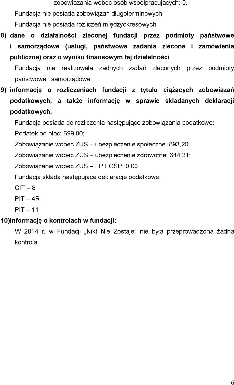 realizowała żadnych zadań zleconych przez podmioty państwowe i samorządowe.