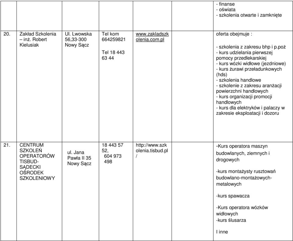 poż - kurs udzielania pierwszej pomocy przedlekarskiej - kurs wózki widłowe (jezdniowe) - kurs żurawi przeładunkowych (hds) - szkolenia handlowe - szkolenie z zakresu aranżacji powierzchni handlowych