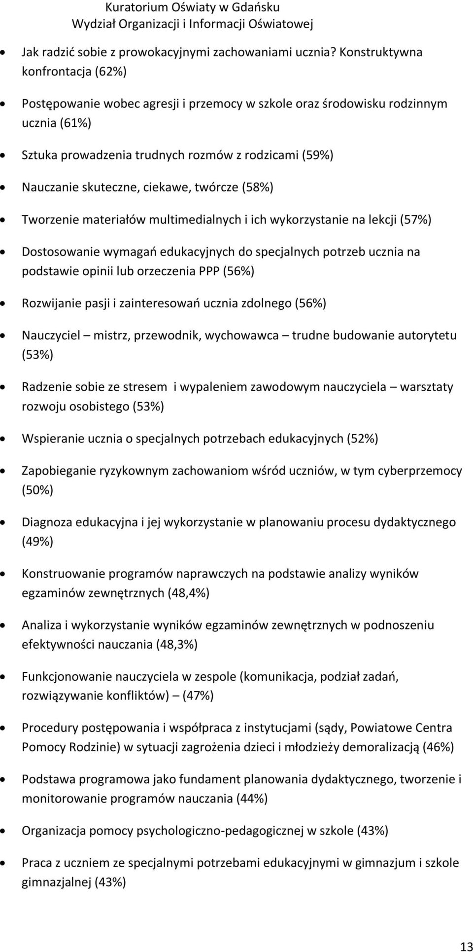 ciekawe, twórcze (58%) Tworzenie materiałów multimedialnych i ich wykorzystanie na lekcji (57%) Dostosowanie wymagań edukacyjnych do specjalnych potrzeb ucznia na podstawie opinii lub orzeczenia PPP