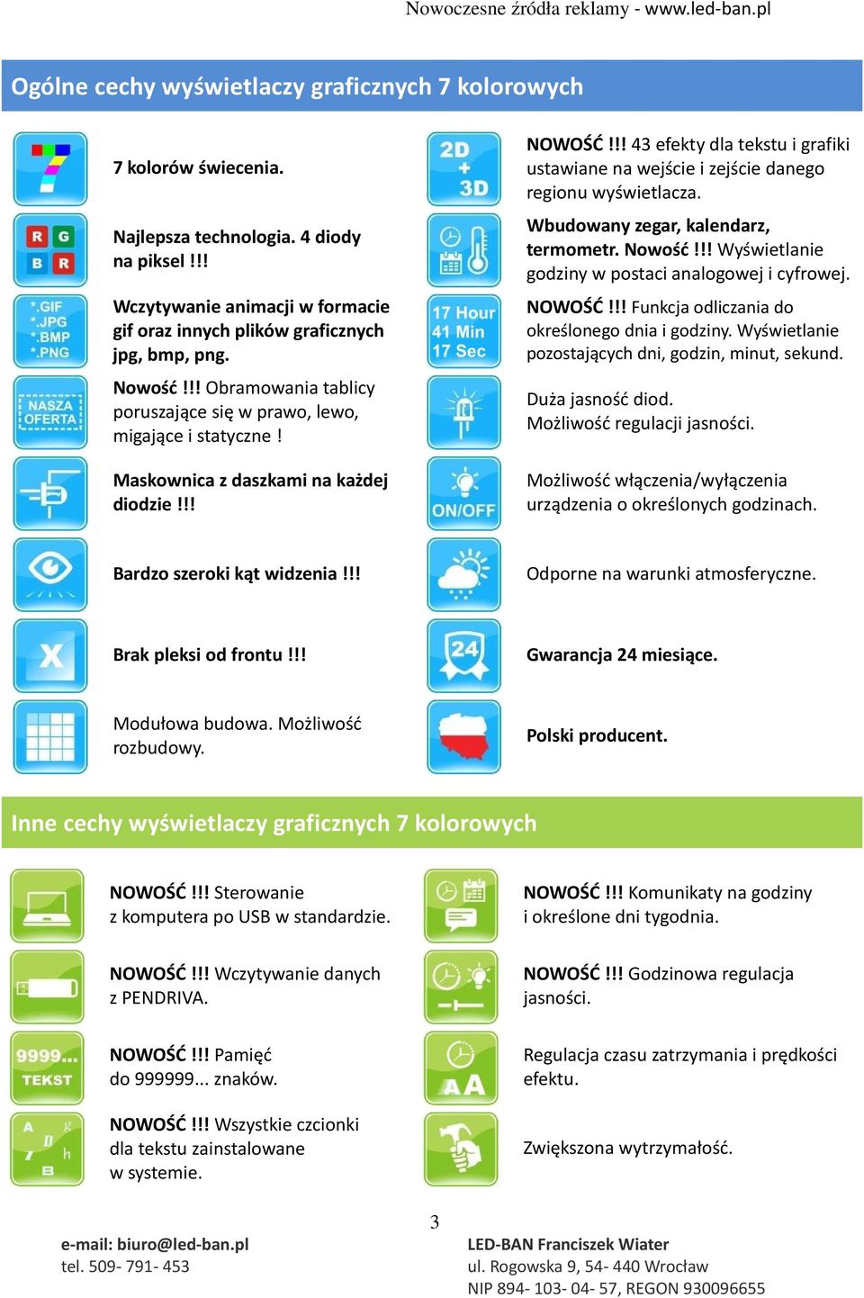 !! 43 efekty dla tekstu i grafiki ustawiane na wejście i zejście danego regionu wyświetlacza. Wbudowany zegar, kalendarz, termometr. Nowość!!! Wyświetlanie godziny w postaci analogowej i cyfrowej.